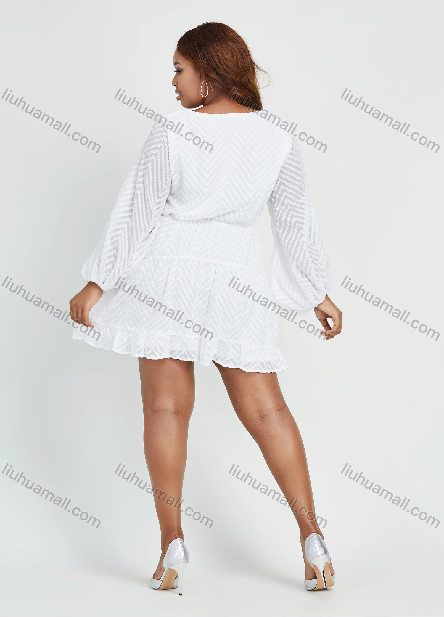 Wholesale Women's Casual V Neck Puff Sleeve Plain Chevron Mesh Short Dress - Liuhuamall