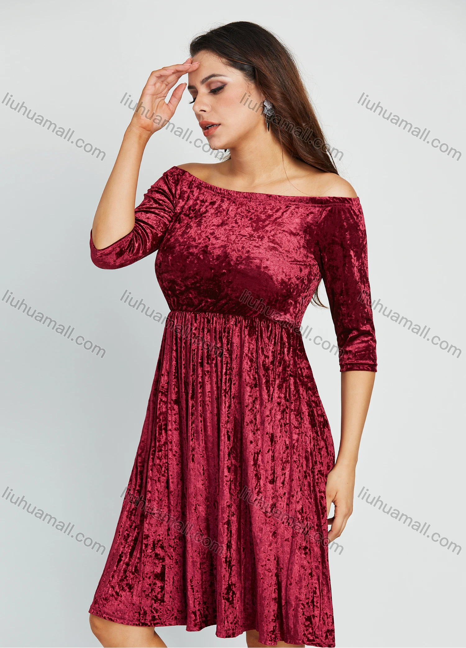 Wholesale Women's Elegant Off Shoulder High Waist Pleated Knee Length Velvet Dress - Liuhuamall