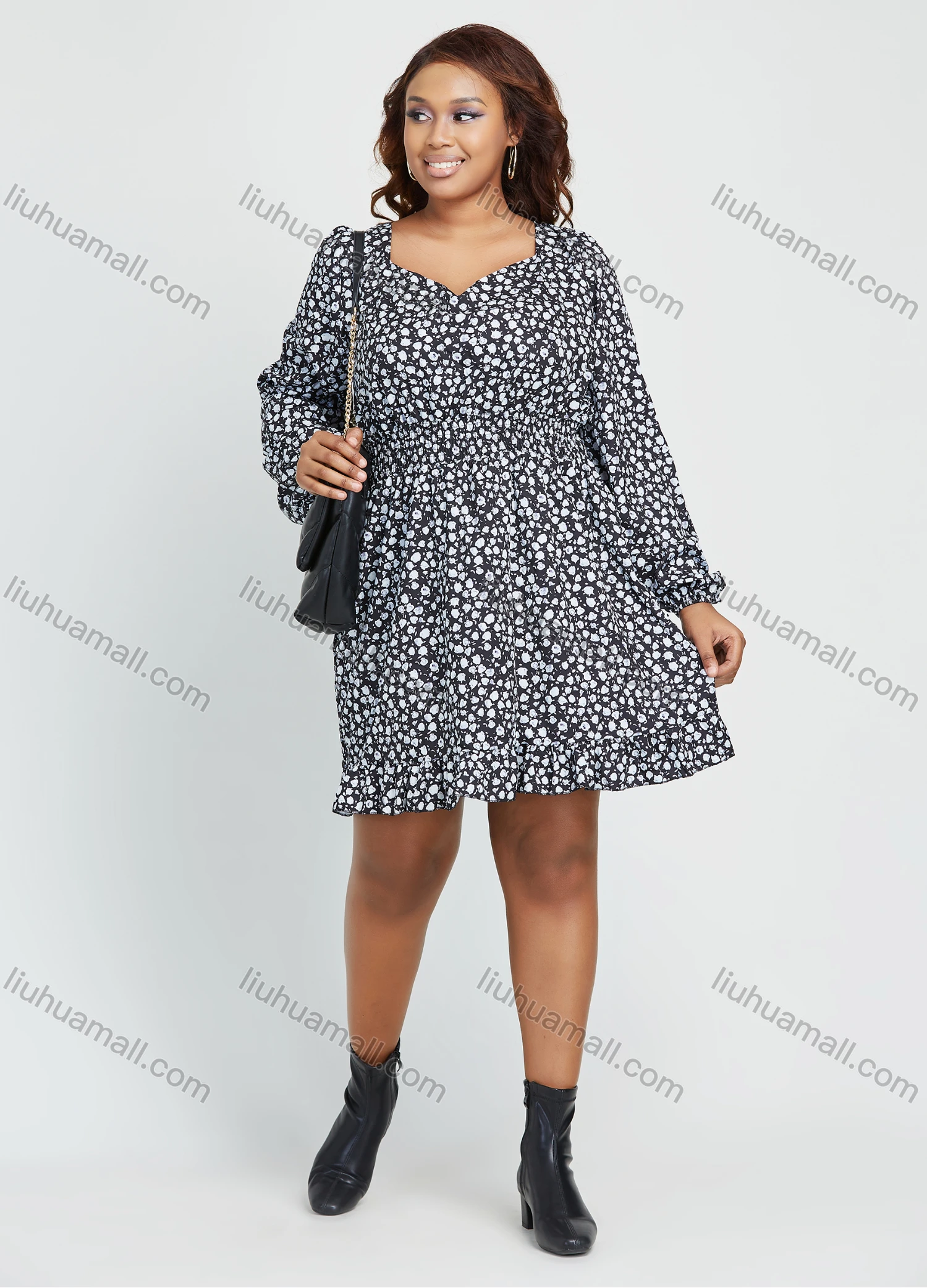 Wholesale Women's Casual Sweetheart Collar Allover Print High Waist Short Dress - Liuhuamall