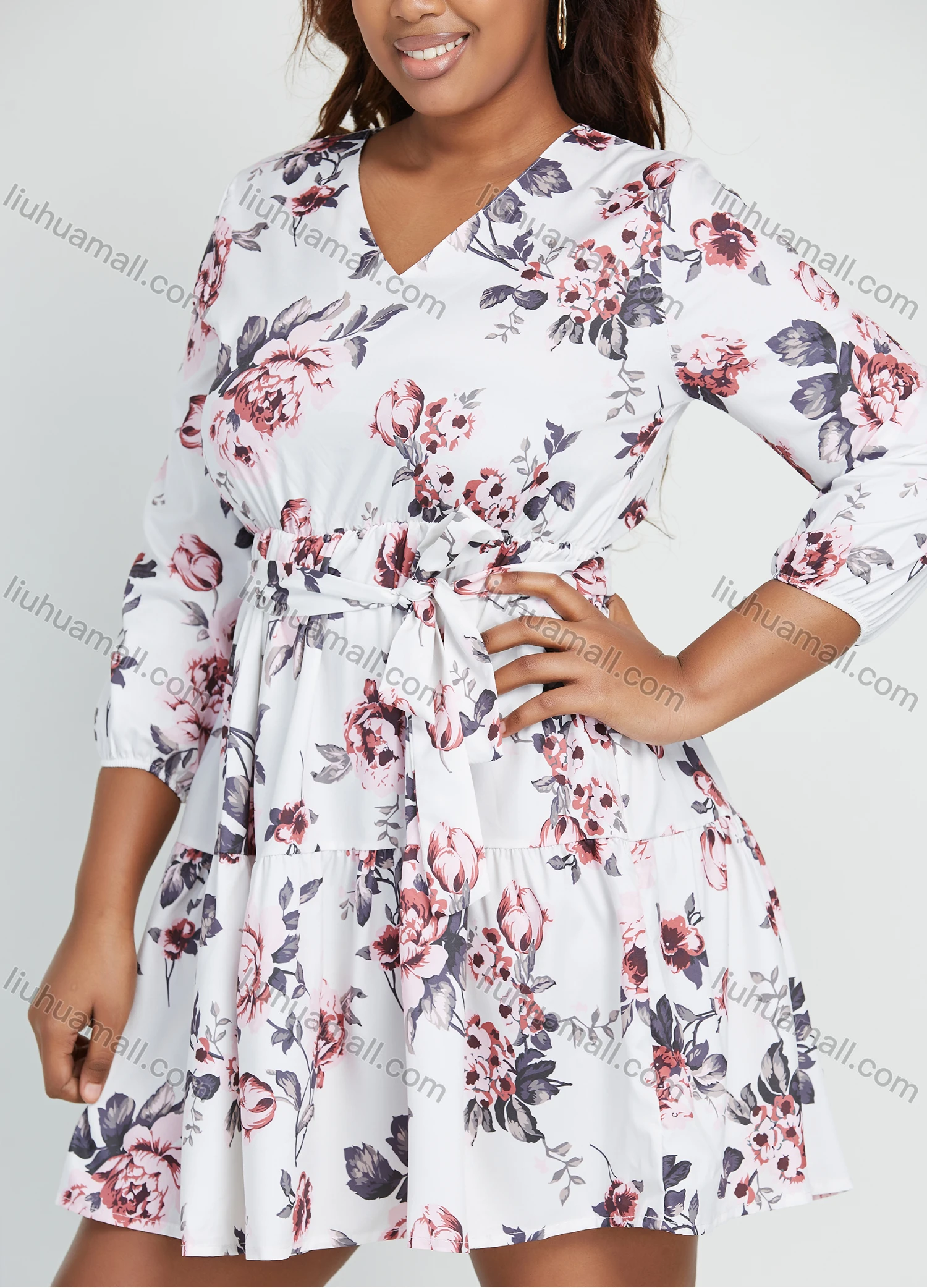 Wholesale Women's Casual V Neck Floral Print High Waist Short Dress With Belt - Liuhuamall
