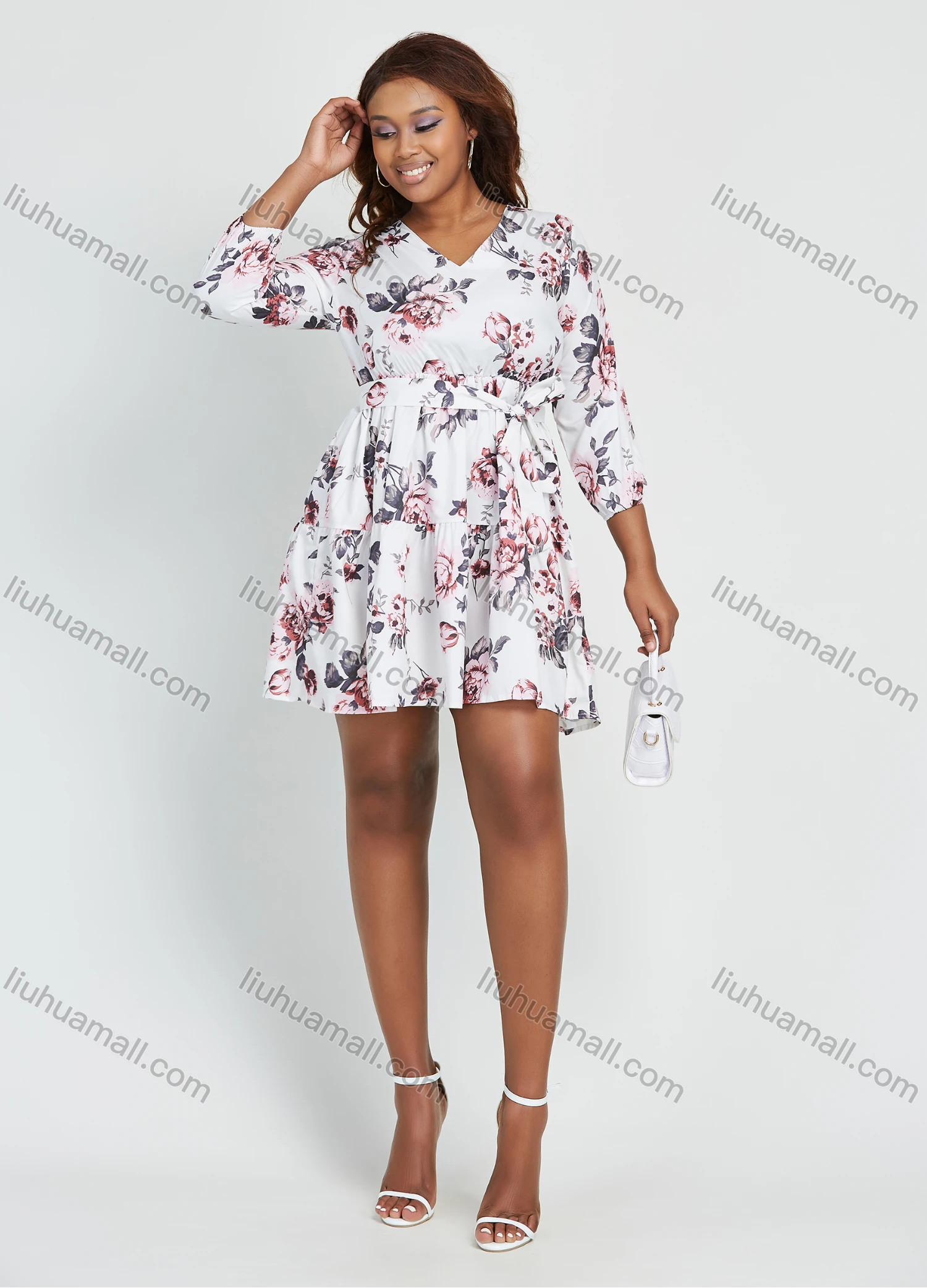 Wholesale Women's Casual V Neck Floral Print High Waist Short Dress With Belt - Liuhuamall