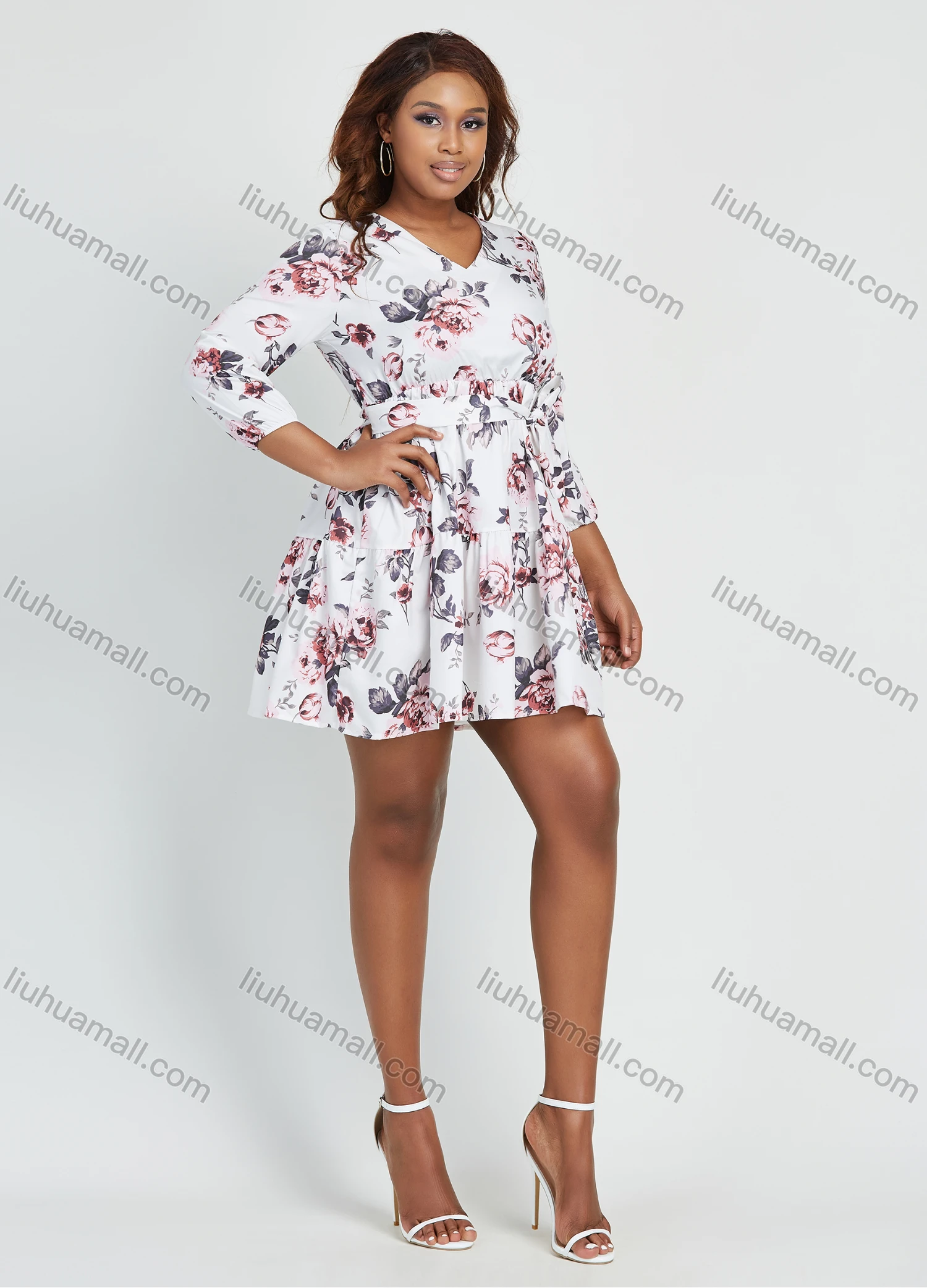 Wholesale Women's Casual V Neck Floral Print High Waist Short Dress With Belt - Liuhuamall