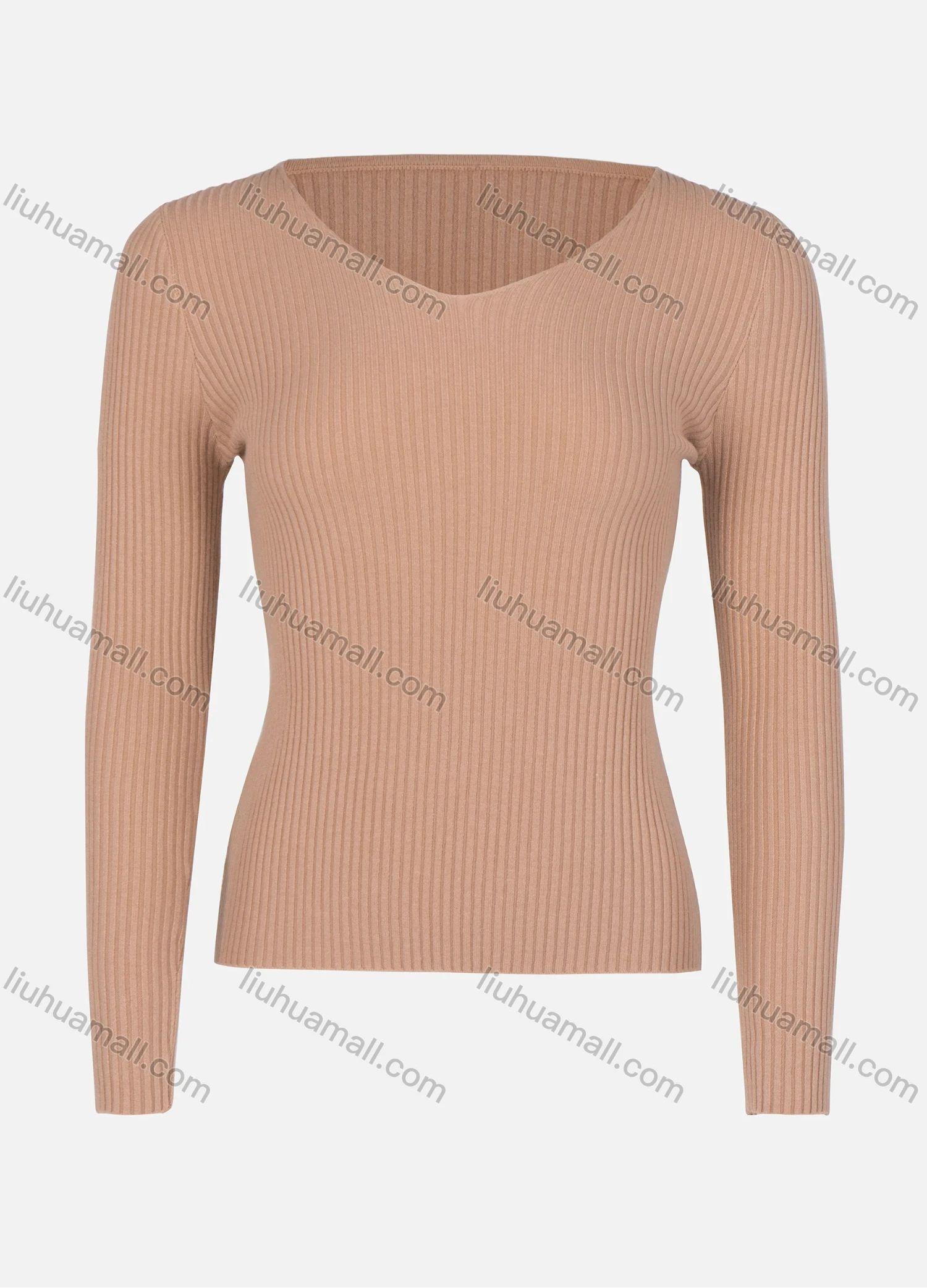 Wholesale Women's Casual V Neck Long Sleeve Slim Fit Rib-Knit Top - Liuhuamall