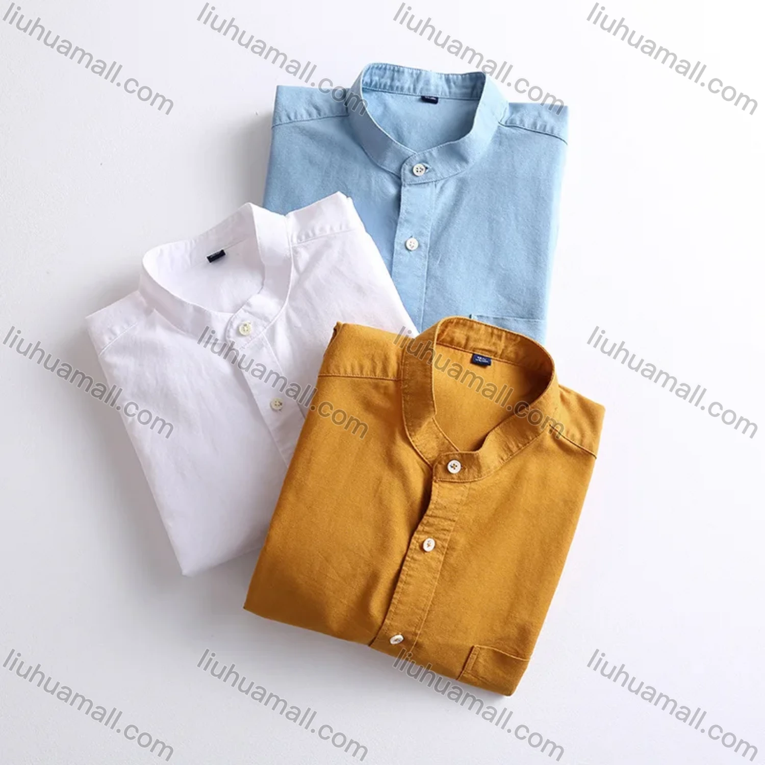 Wholesale Men's Oxford Casual Long Sleeve Stand Collar Button Down Plain Shirt - Liuhuamall