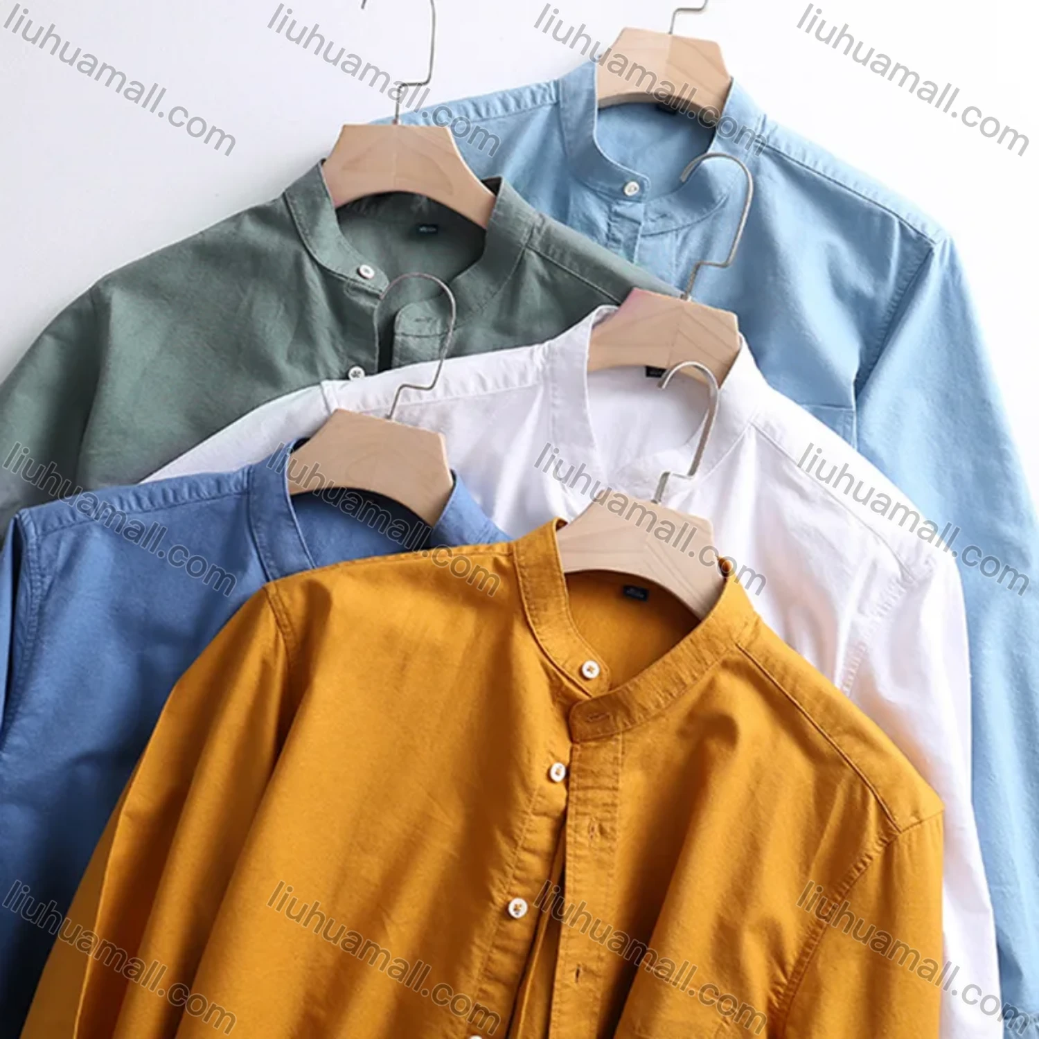 Wholesale Men's Oxford Casual Long Sleeve Stand Collar Button Down Plain Shirt - Liuhuamall