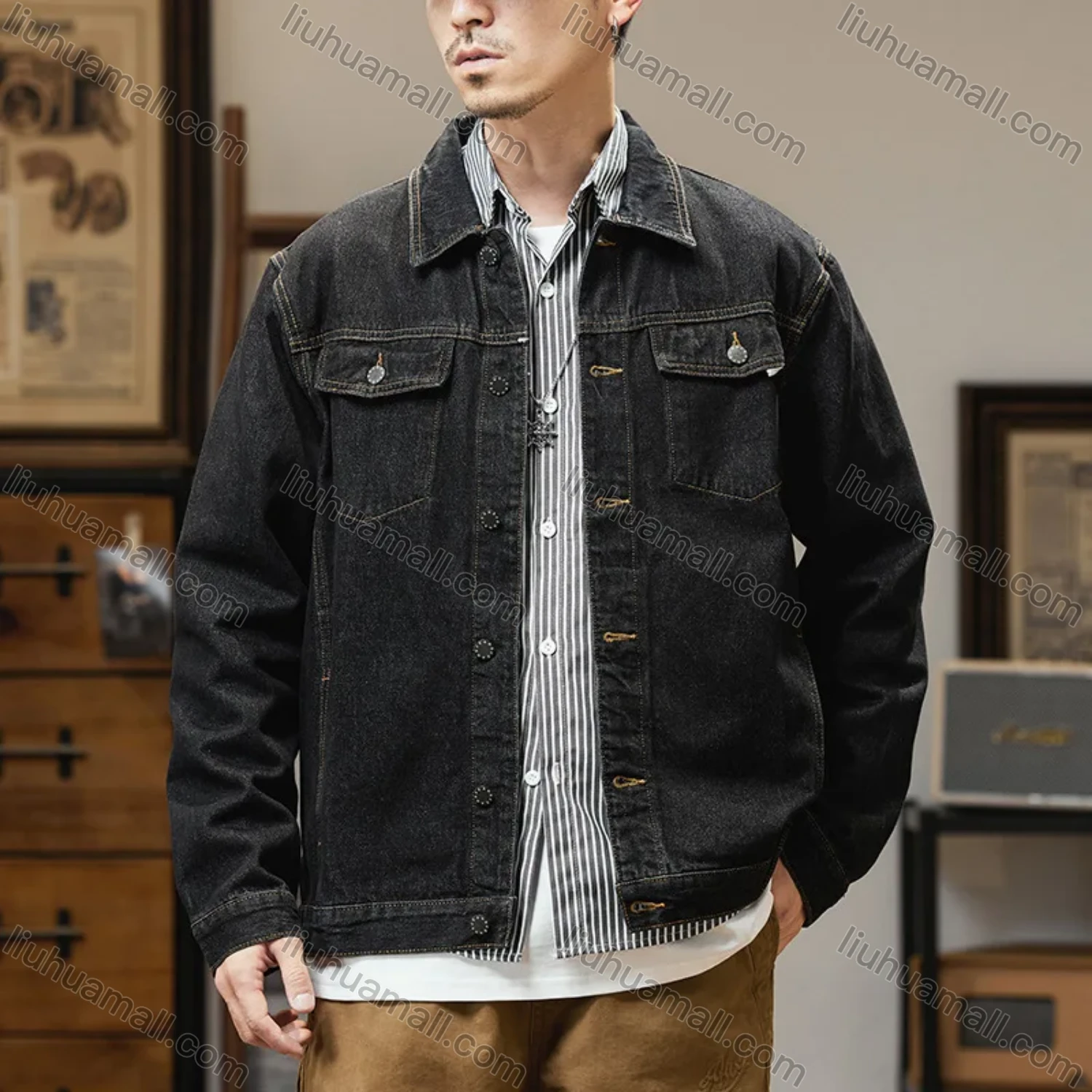 Wholesale Men's Casual Plain Shirt Collar Long Sleeve Button Down Denim Shirt Jacket - Liuhuamall