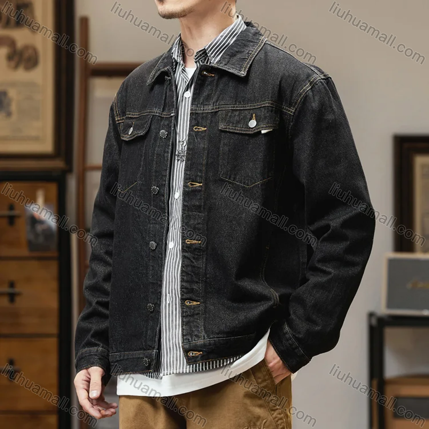 Wholesale Men's Casual Plain Shirt Collar Long Sleeve Button Down Denim Shirt Jacket - Liuhuamall