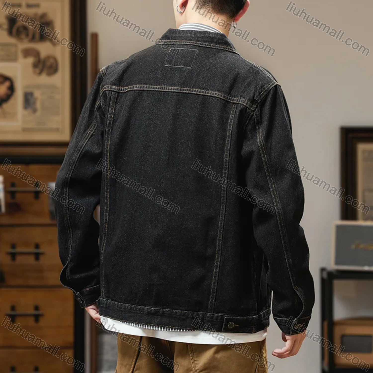 Wholesale Men's Casual Plain Shirt Collar Long Sleeve Button Down Denim Shirt Jacket - Liuhuamall
