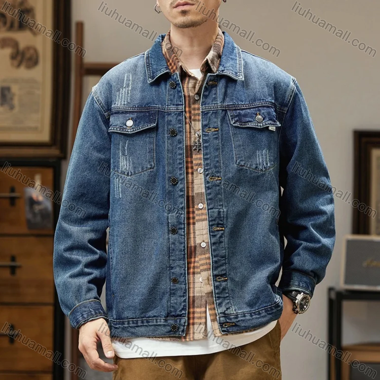 Wholesale Men's Casual Plain Shirt Collar Long Sleeve Button Down Denim Shirt Jacket - Liuhuamall