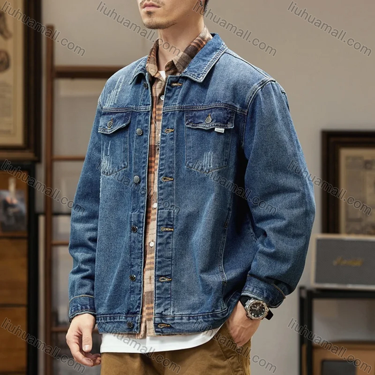 Wholesale Men's Casual Plain Shirt Collar Long Sleeve Button Down Denim Shirt Jacket - Liuhuamall