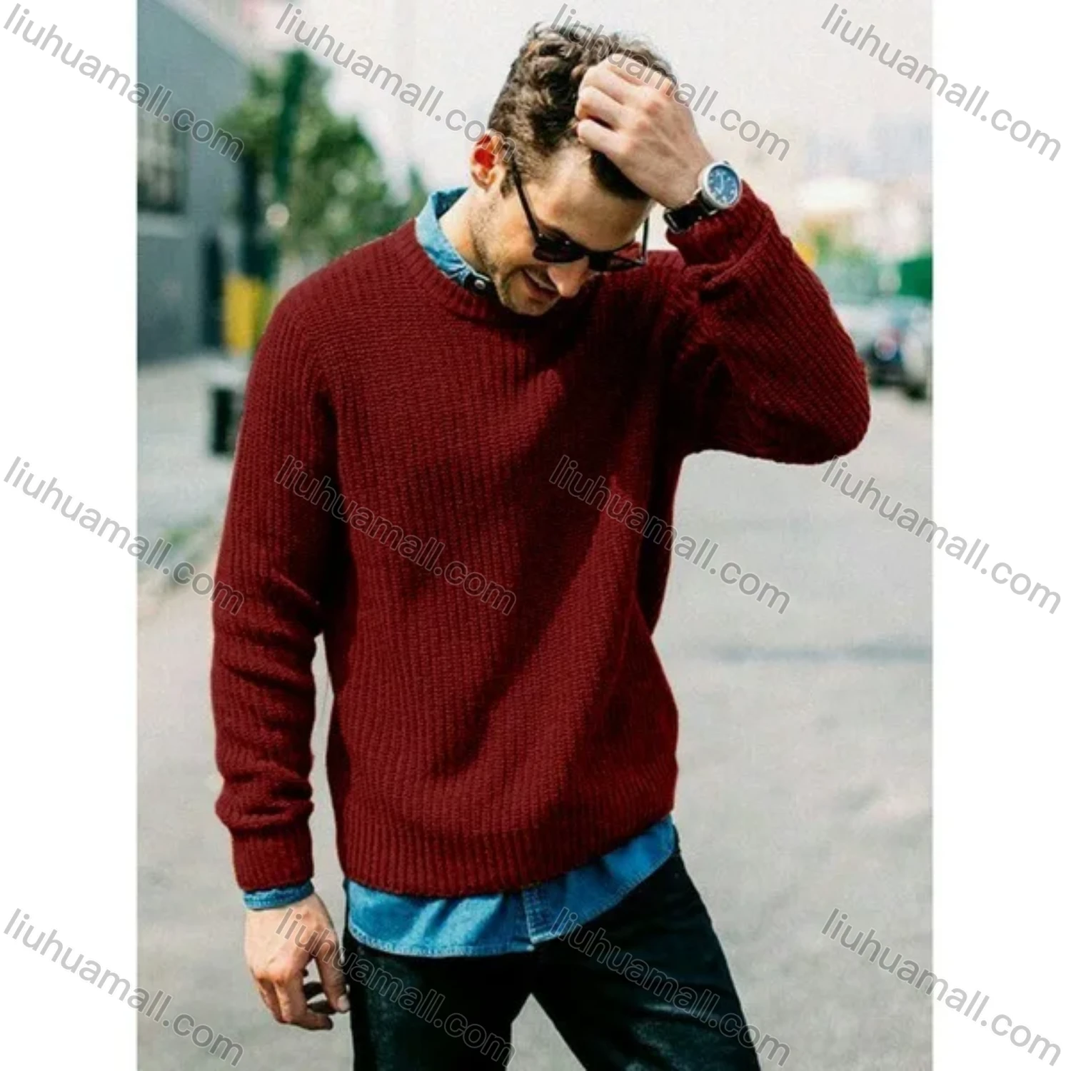 Wholesale Men's Casual Plain Round Neck Long Sleeve Knit Pullover Sweater - Liuhuamall