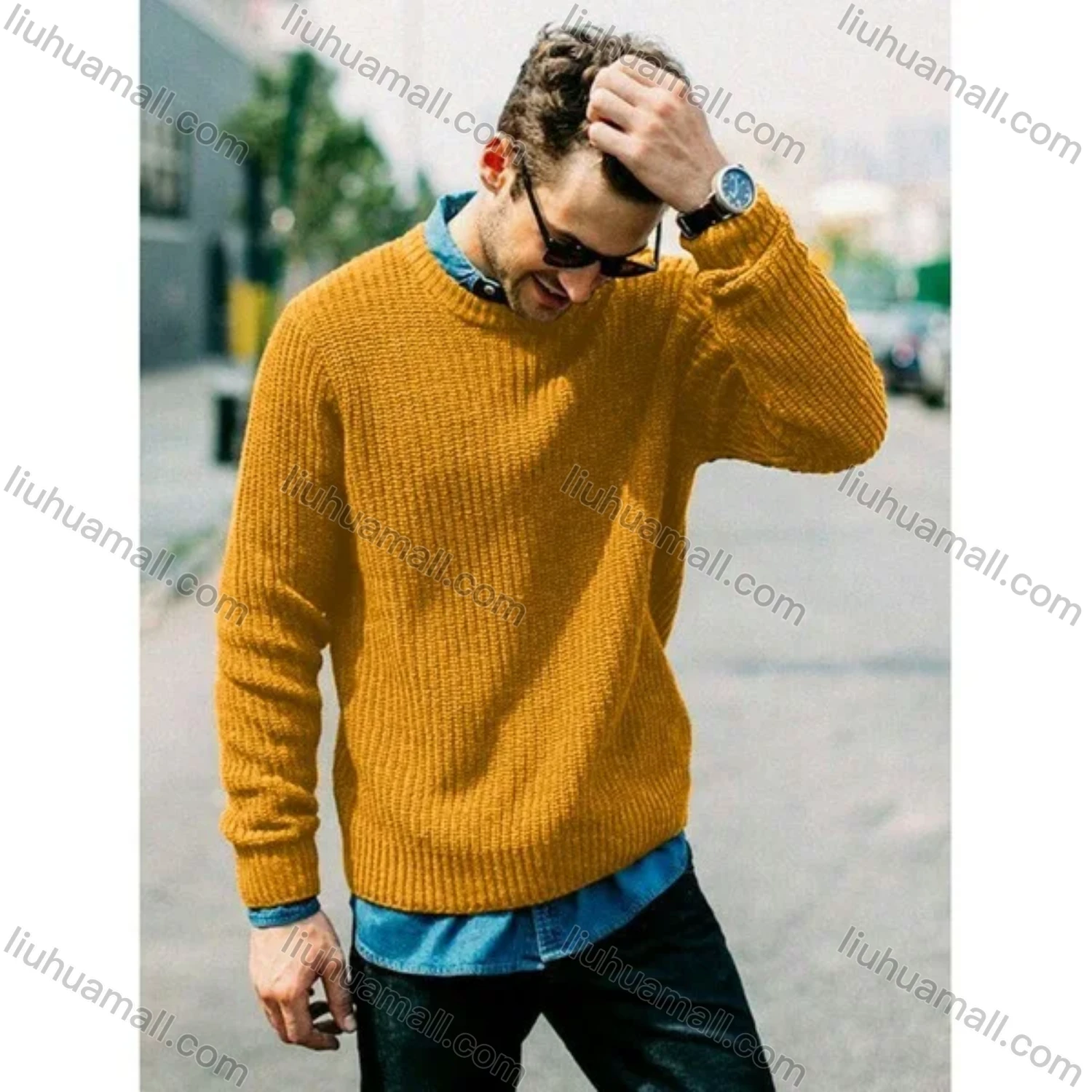 Wholesale Men's Casual Plain Round Neck Long Sleeve Knit Pullover Sweater - Liuhuamall