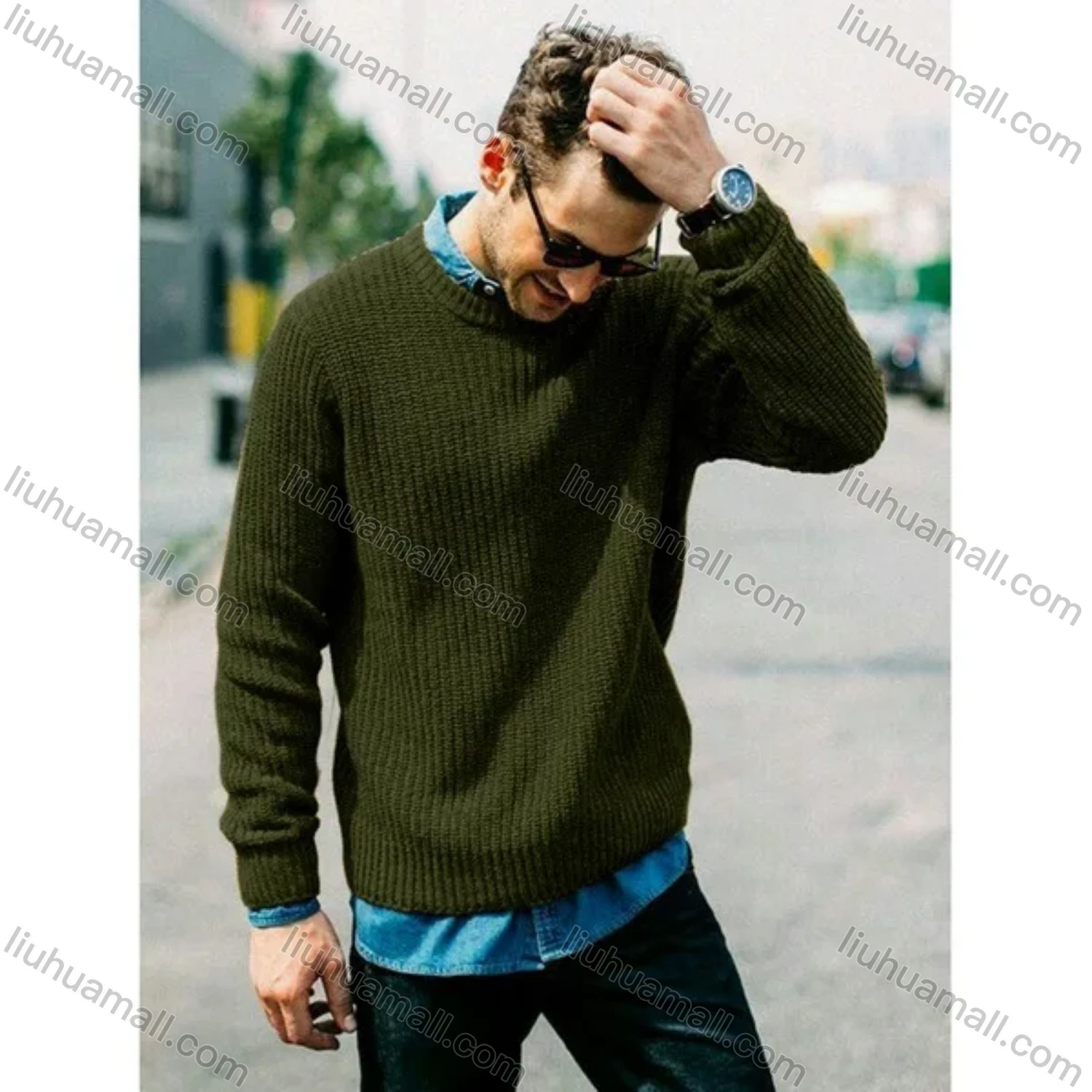 Wholesale Men's Casual Plain Round Neck Long Sleeve Knit Pullover Sweater - Liuhuamall