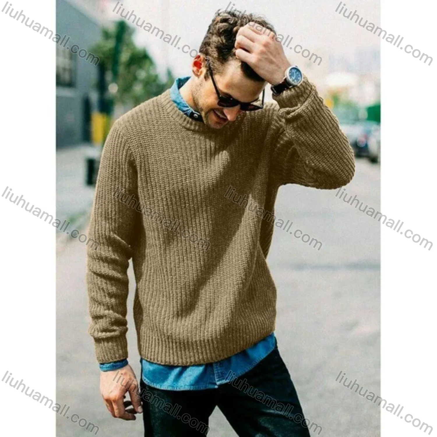 Wholesale Men's Casual Plain Round Neck Long Sleeve Knit Pullover Sweater - Liuhuamall