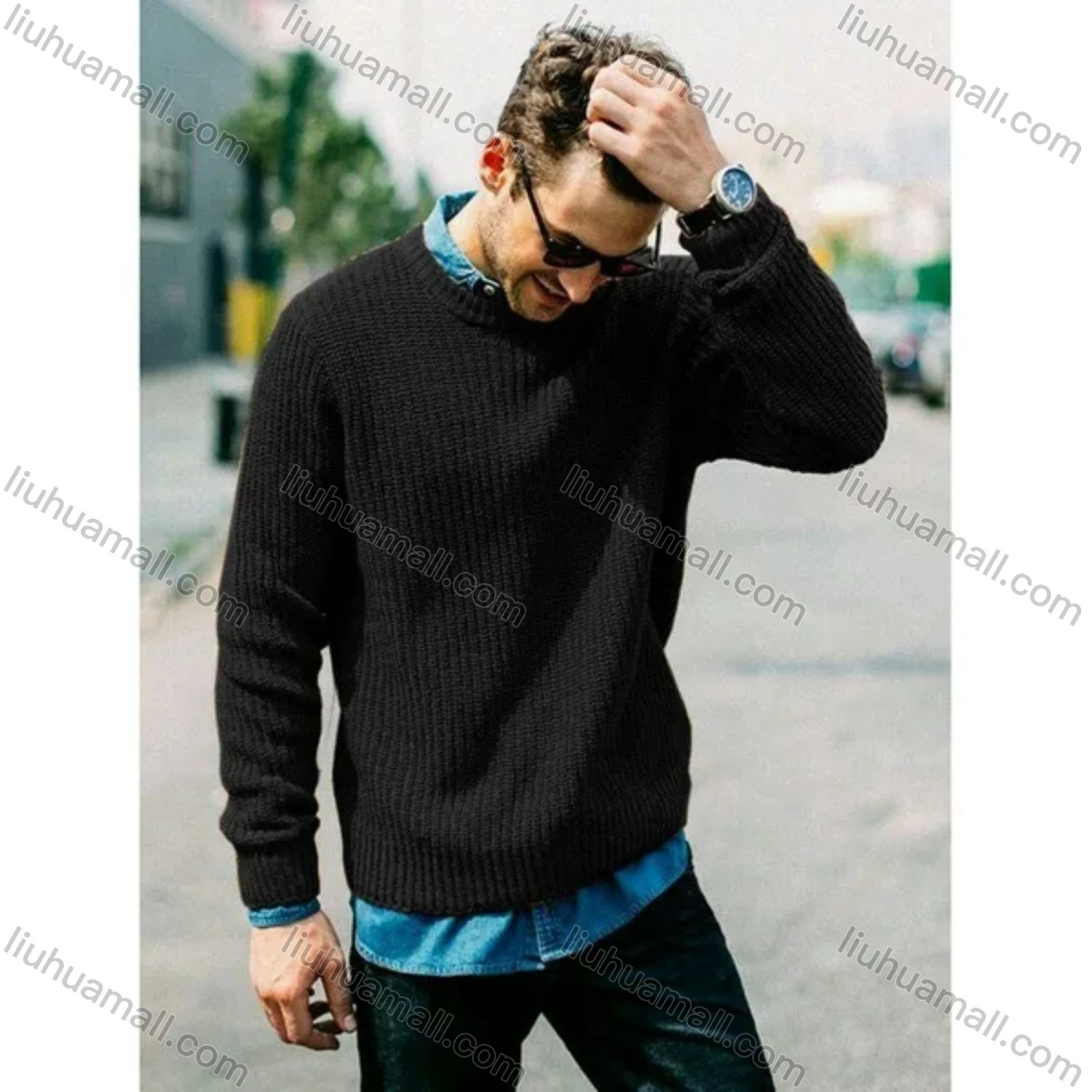 Wholesale Men's Casual Plain Round Neck Long Sleeve Knit Pullover Sweater - Liuhuamall