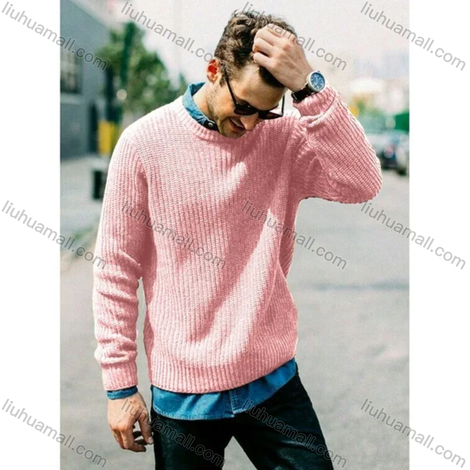 Wholesale Men's Casual Plain Round Neck Long Sleeve Knit Pullover Sweater - Liuhuamall
