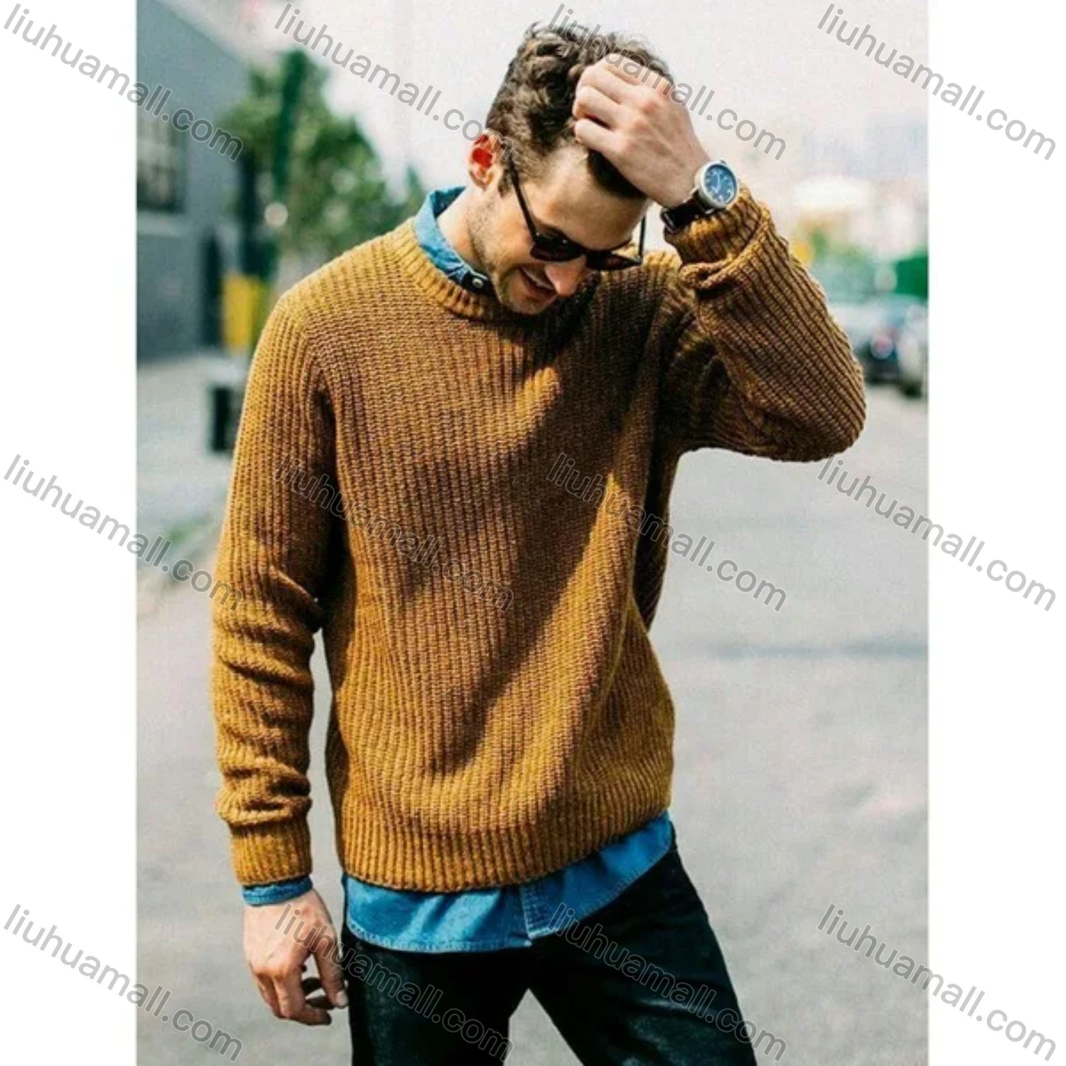 Wholesale Men's Casual Plain Round Neck Long Sleeve Knit Pullover Sweater - Liuhuamall