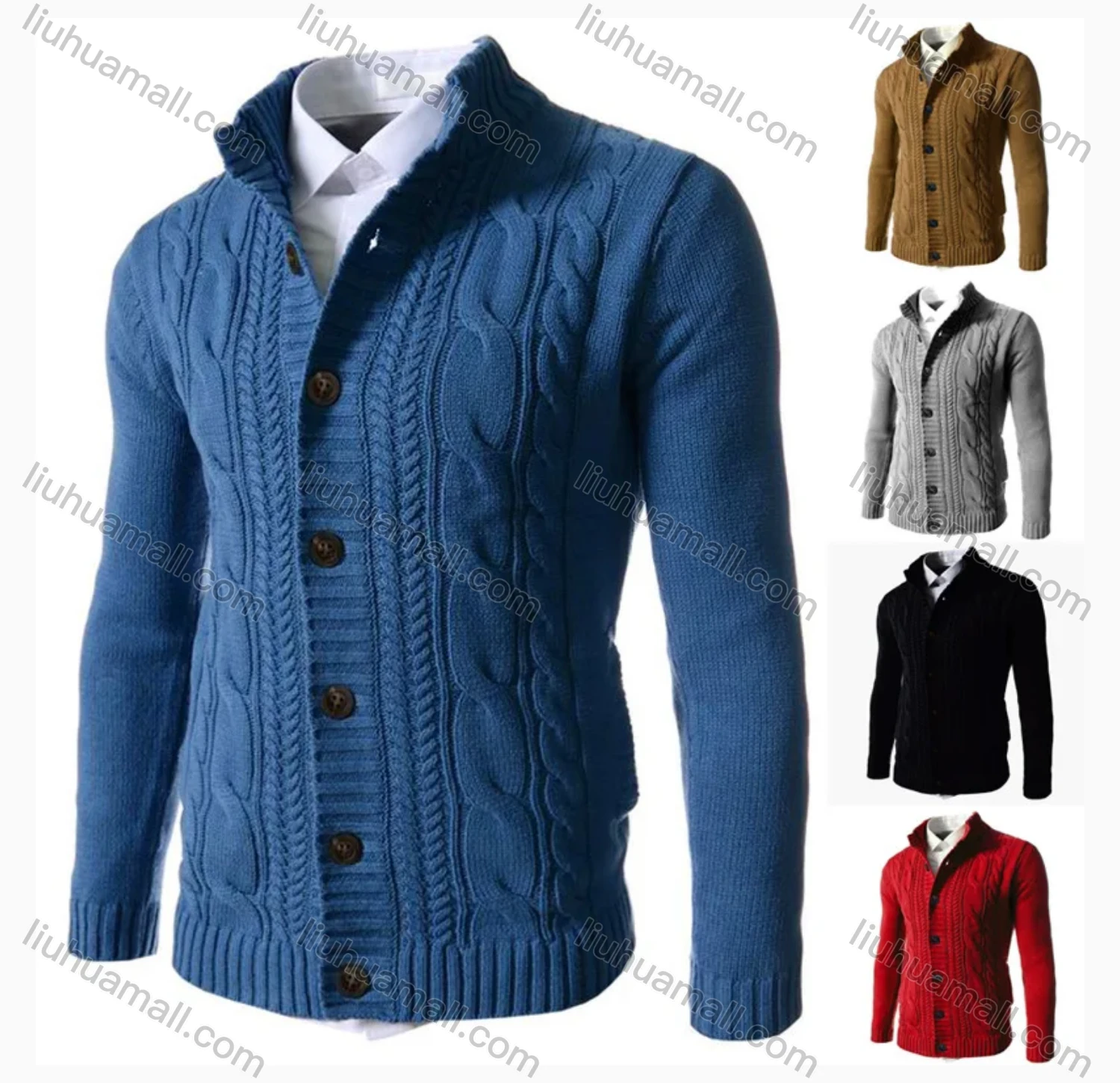 Wholesale Men's Casual Stand Collar Button Down Cable Knit Plain Jackets - Liuhuamall
