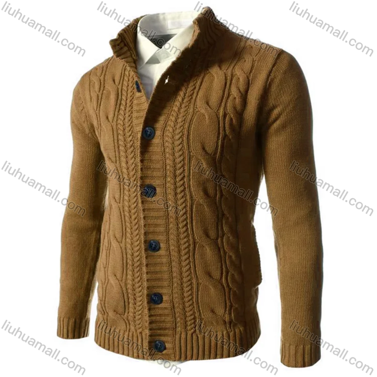 Wholesale Men's Casual Stand Collar Button Down Cable Knit Plain Jackets - Liuhuamall