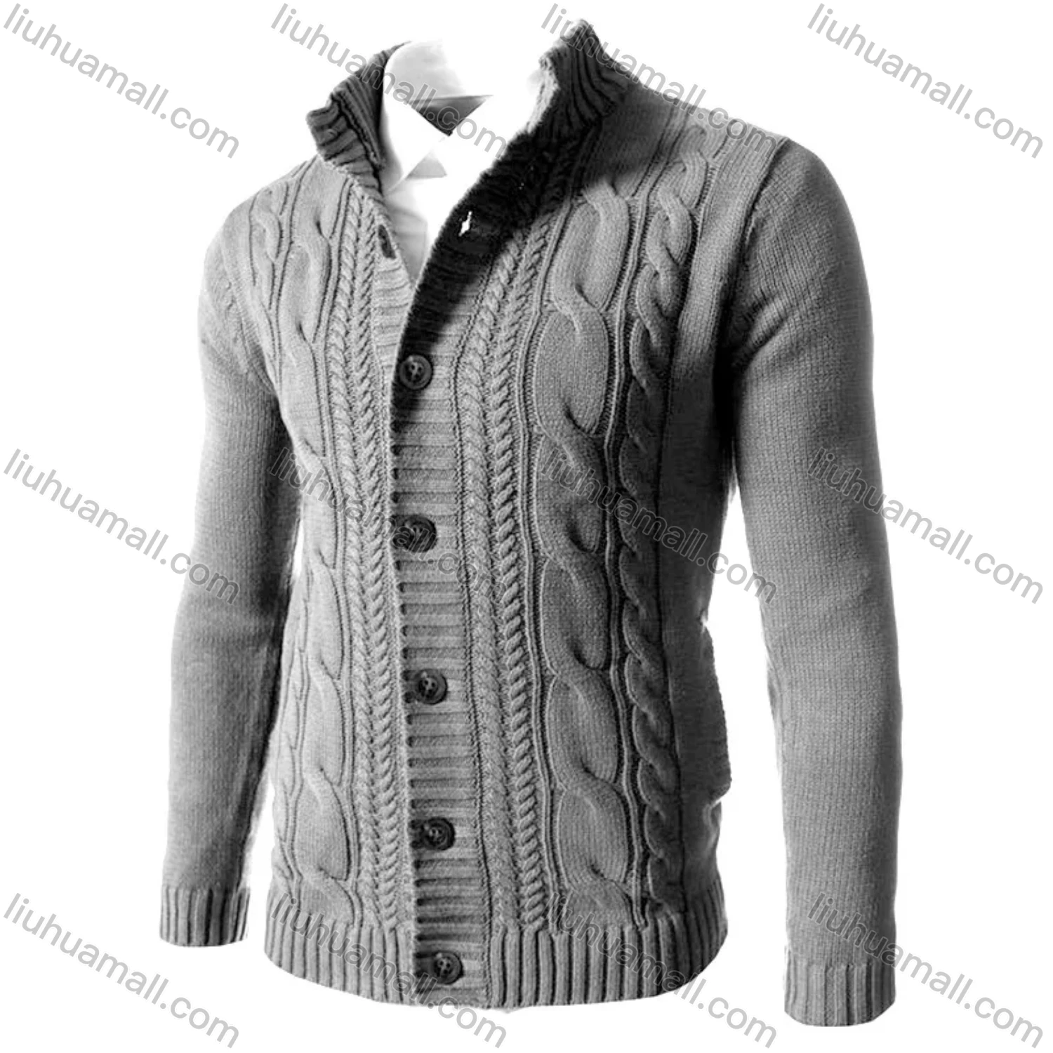Wholesale Men's Casual Stand Collar Button Down Cable Knit Plain Jackets - Liuhuamall