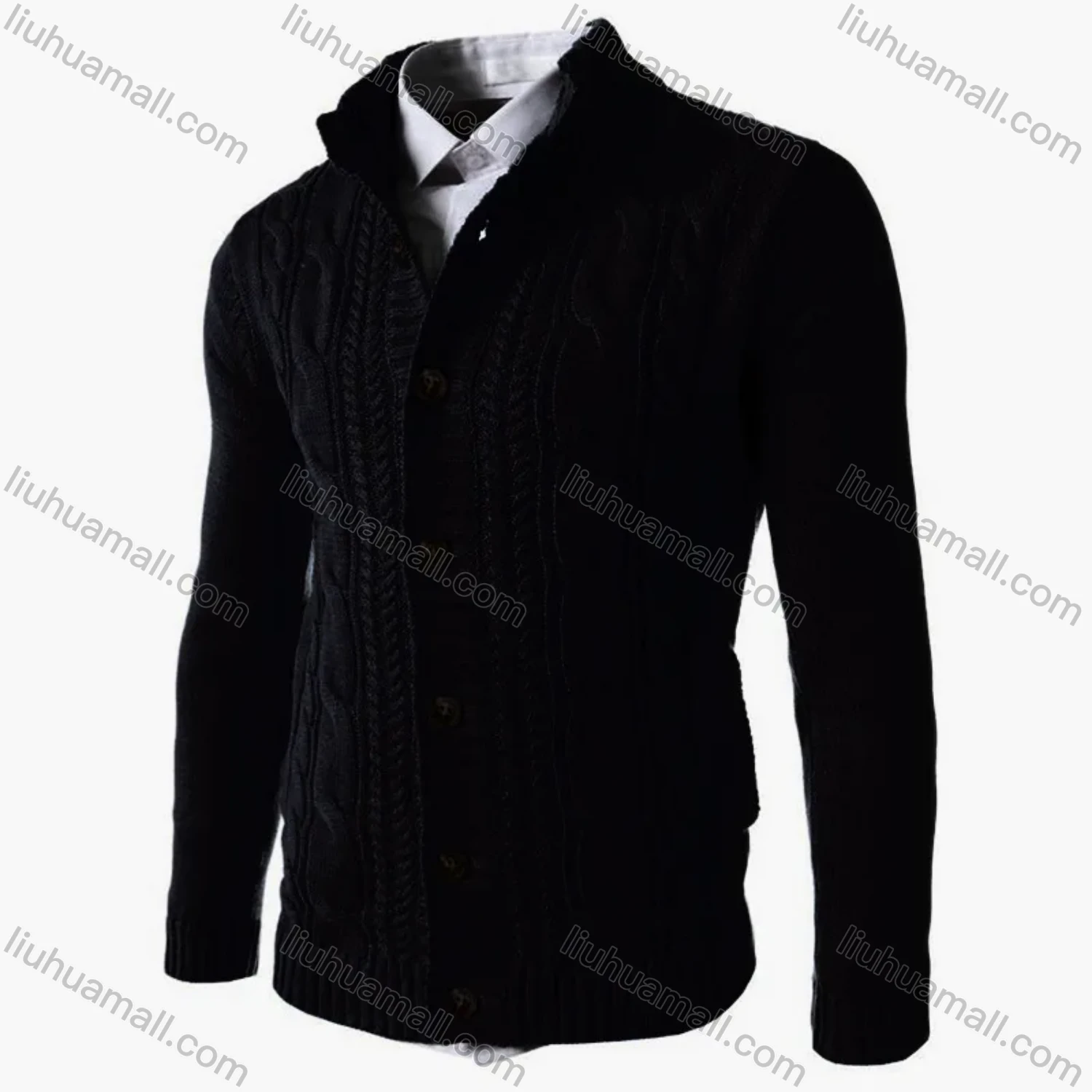 Wholesale Men's Casual Stand Collar Button Down Cable Knit Plain Jackets - Liuhuamall