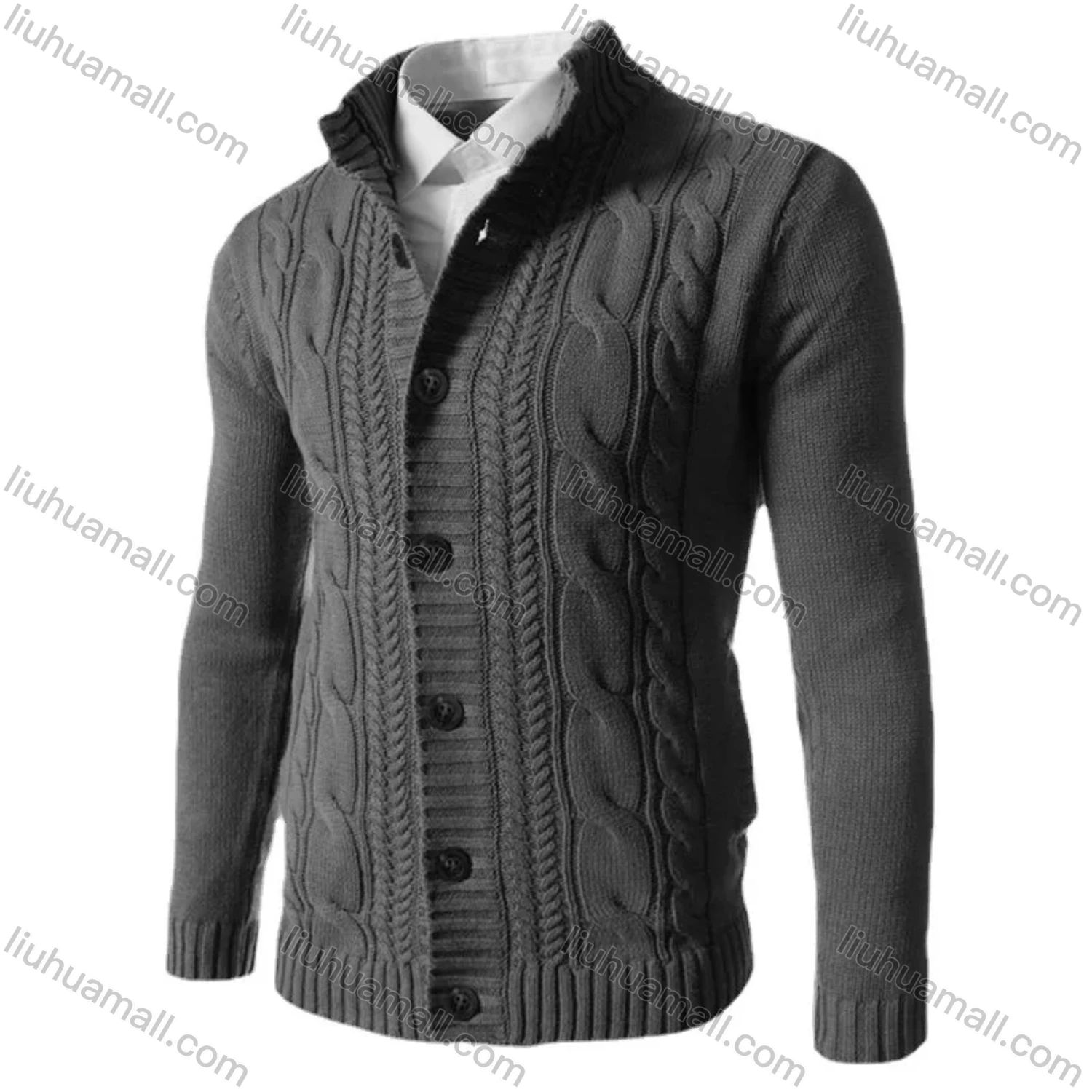 Wholesale Men's Casual Stand Collar Button Down Cable Knit Plain Jackets - Liuhuamall