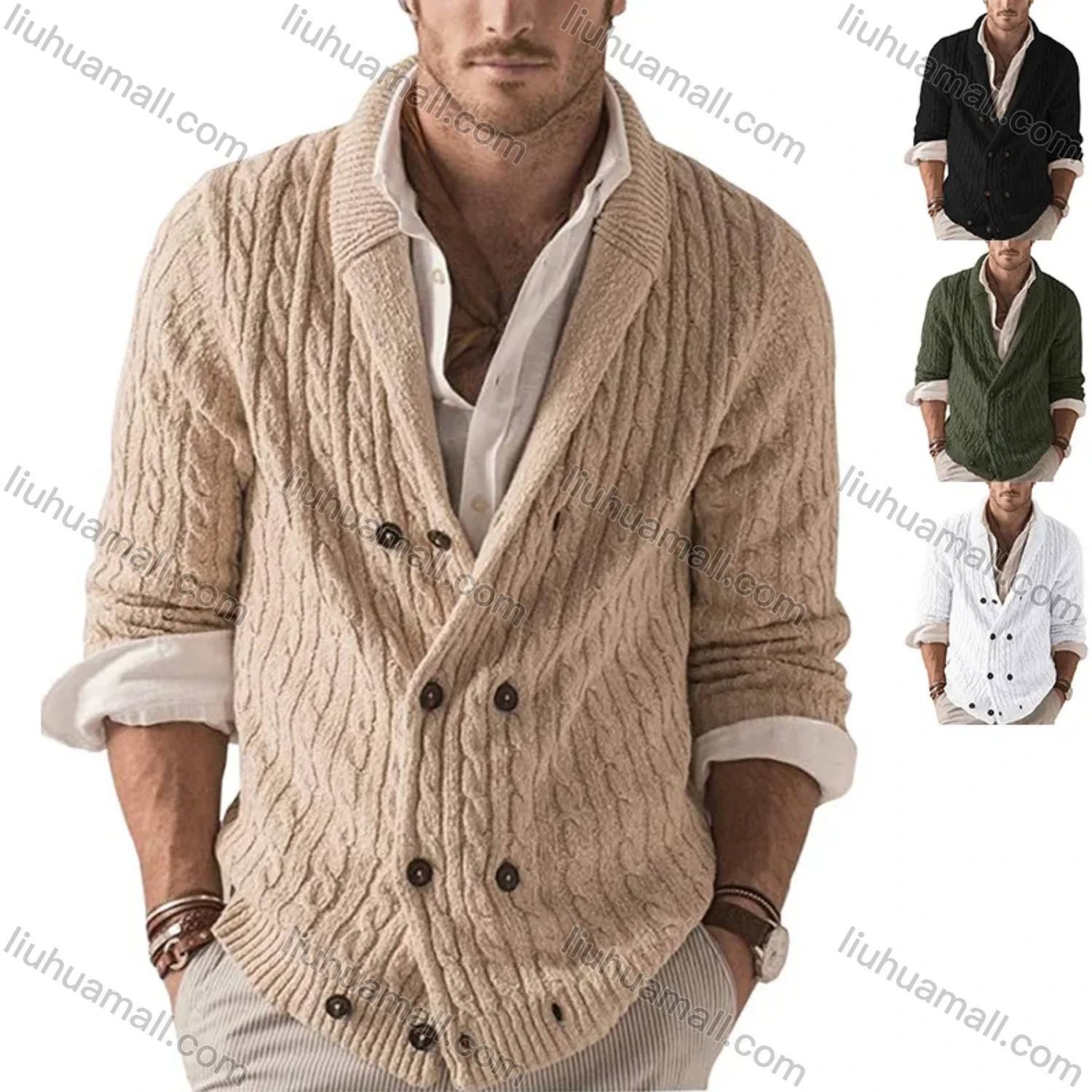 Wholesale Men's Casual Collared Double Breasted Plain Cable Knit Jackets - Liuhuamall