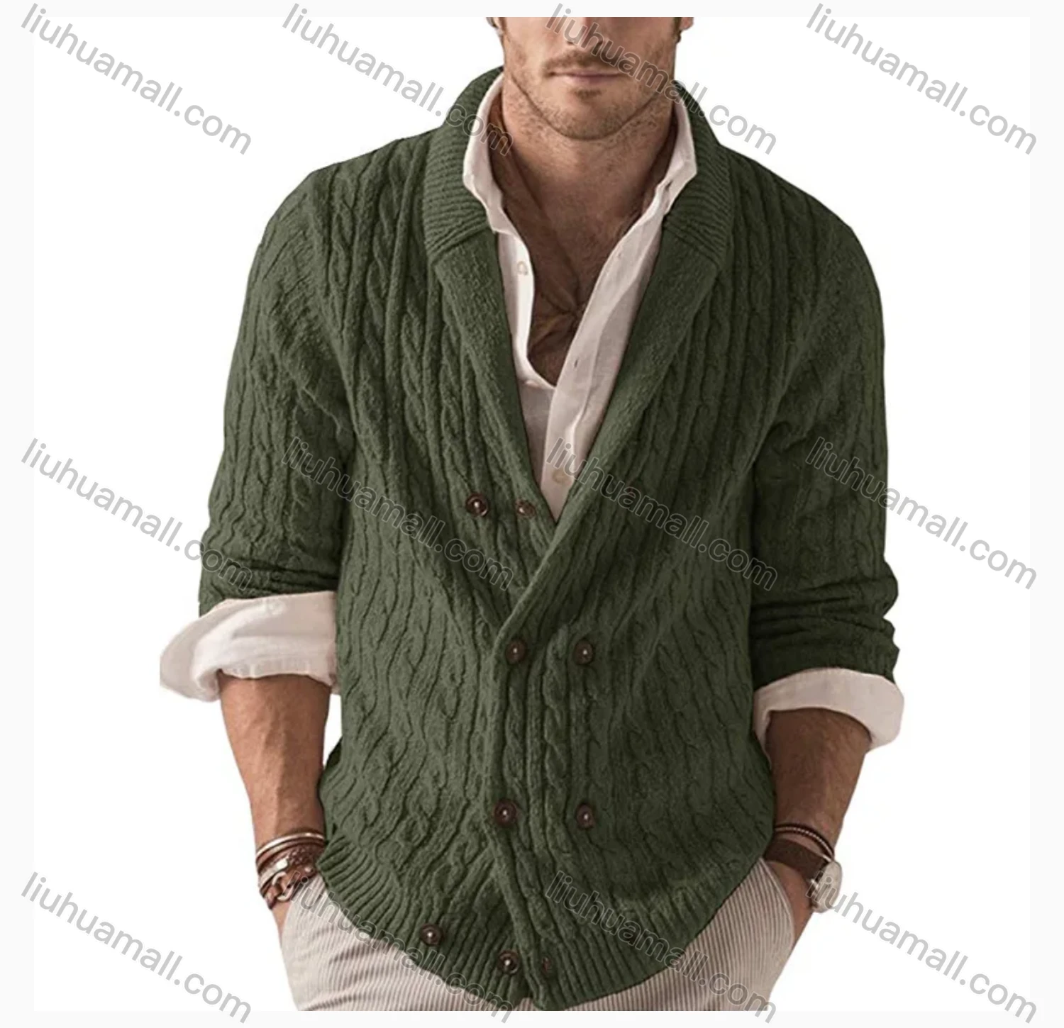 Wholesale Men's Casual Collared Double Breasted Plain Cable Knit Jackets - Liuhuamall