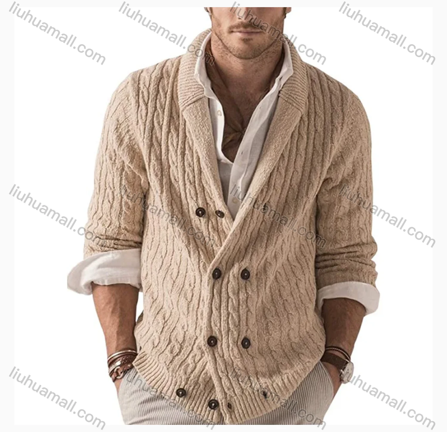 Wholesale Men's Casual Collared Double Breasted Plain Cable Knit Jackets - Liuhuamall