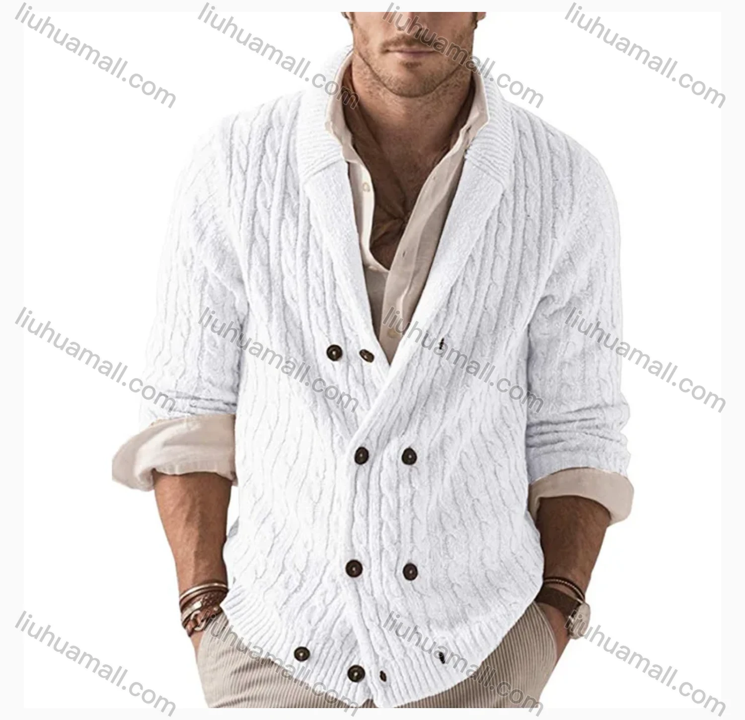 Wholesale Men's Casual Collared Double Breasted Plain Cable Knit Jackets - Liuhuamall