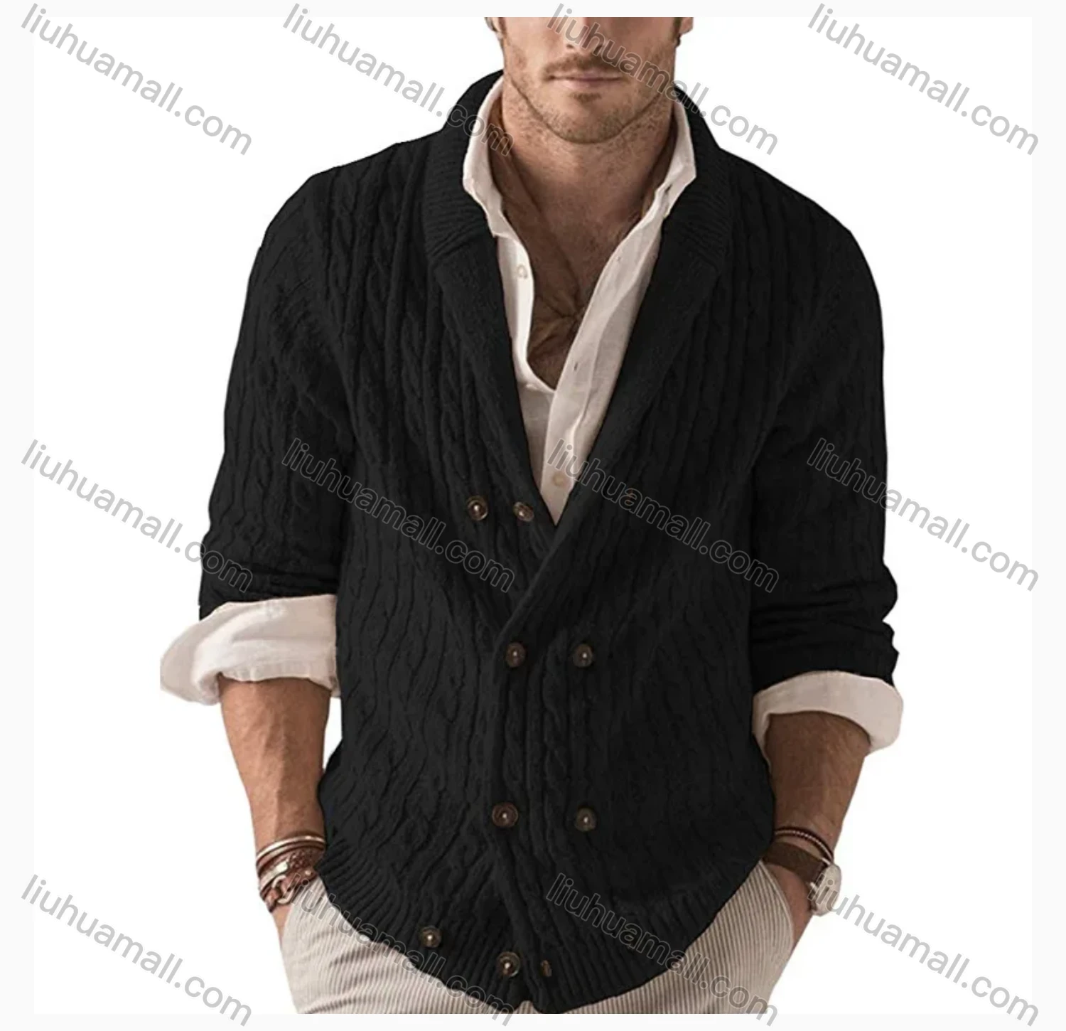 Wholesale Men's Casual Collared Double Breasted Plain Cable Knit Jackets - Liuhuamall