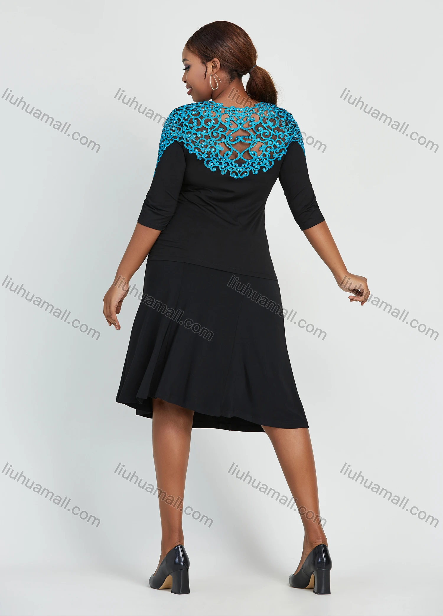 Wholesale Women's Elegant 3/4 Sleeve Applique Mesh Slim Fit Blouse - Liuhuamall