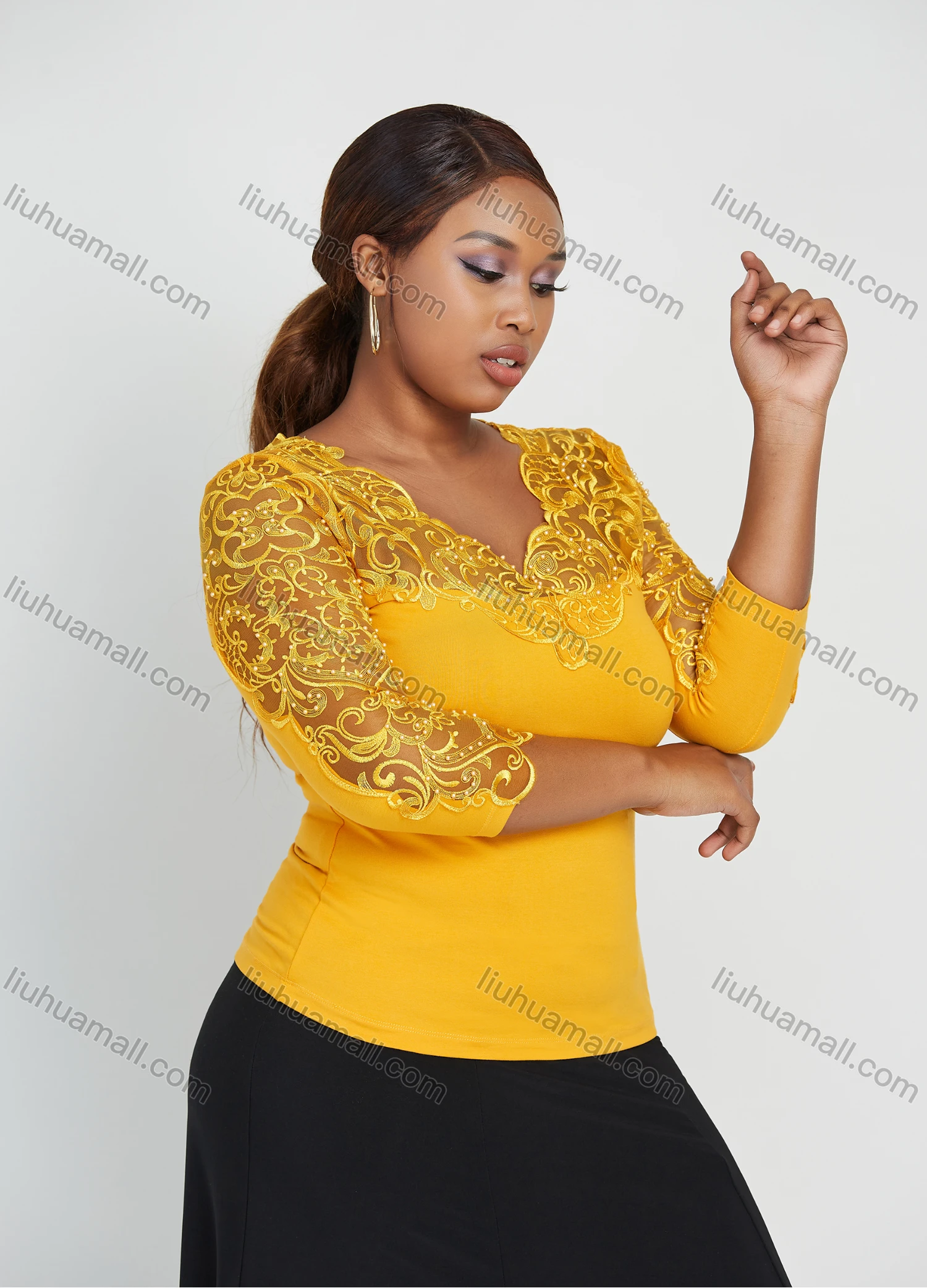 Wholesale Women's Elegant Sweetheart Collar Semi-sheer Mesh Blouse - Liuhuamall