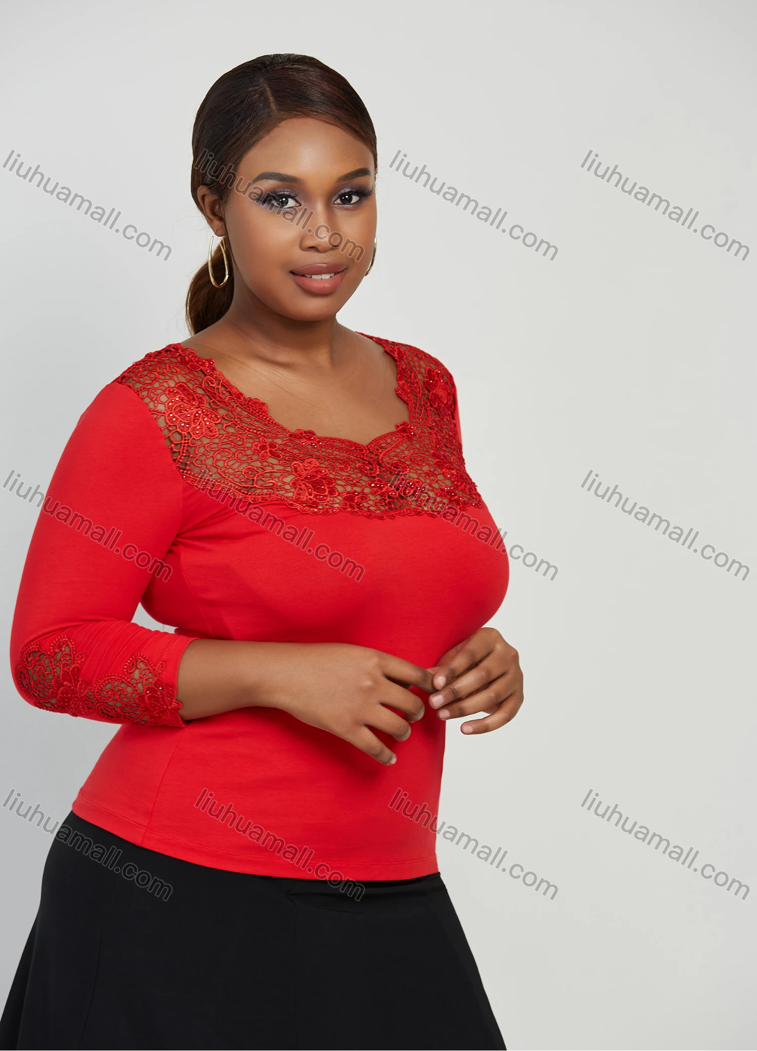 Wholesale Women's Elegant Crew Neck Guipure Lace 3/4 Sleeve Plain Blouse - Liuhuamall