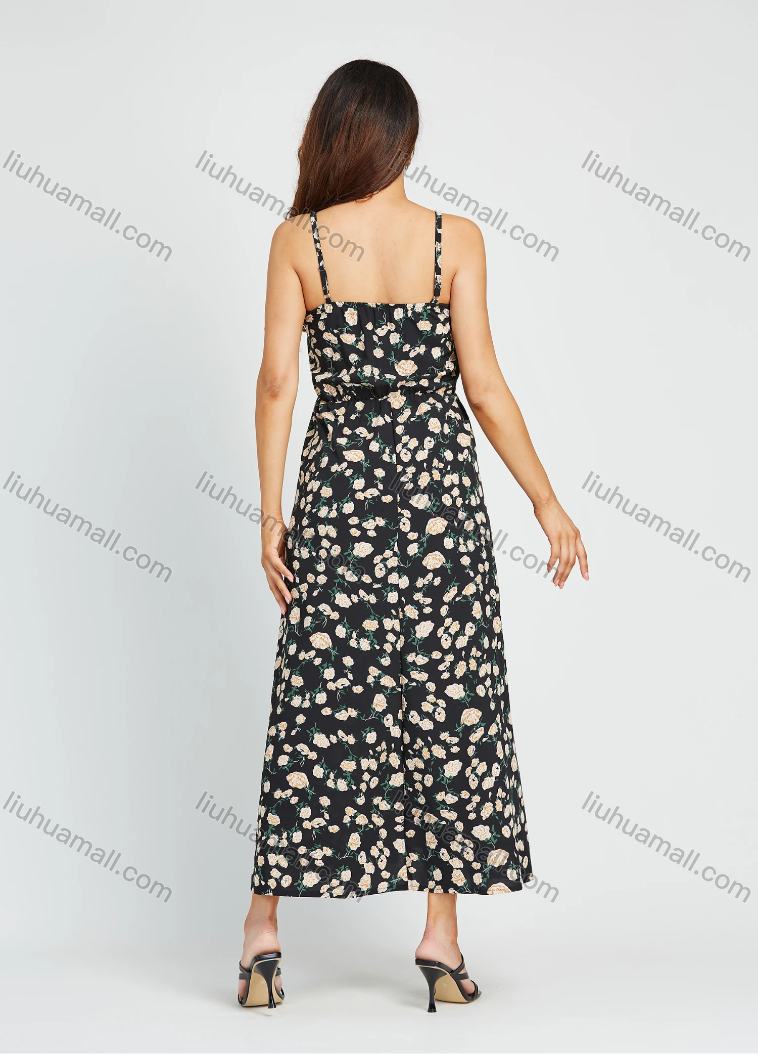 Wholesale Women's Spaghetti Strap Allover Floral Print Casual Tie Front Cami Maxi Dress - Liuhuamall