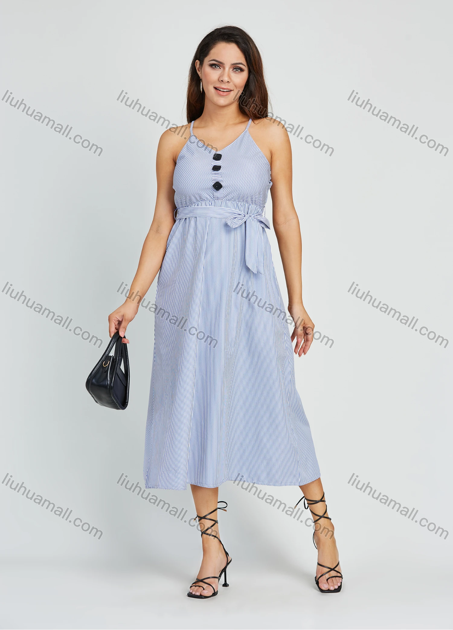 Wholesale Women's Casual Striped Print Button V Neck Cami Maxi Dress With Belt - Liuhuamall