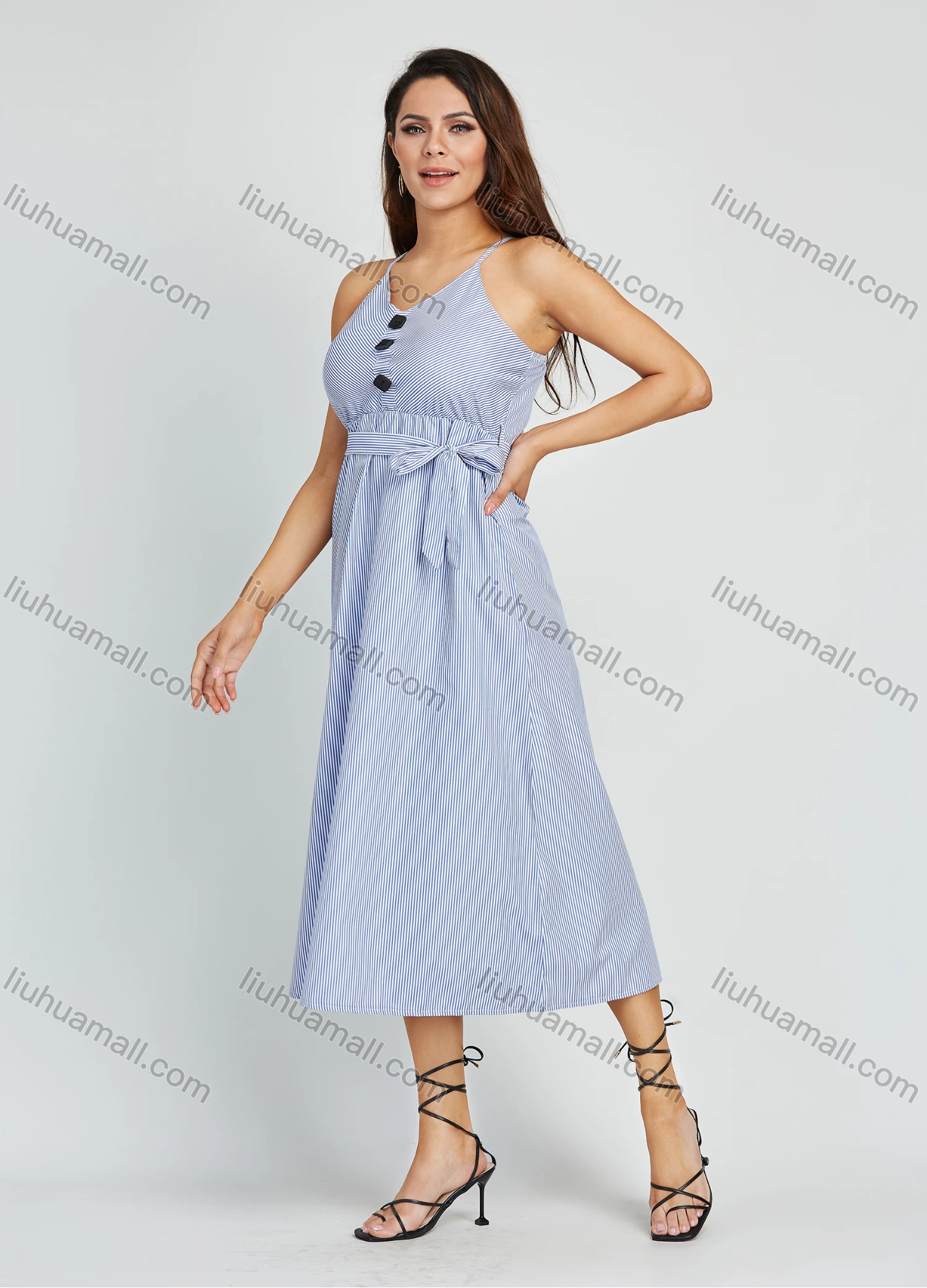 Wholesale Women's Casual Striped Print Button V Neck Cami Maxi Dress With Belt - Liuhuamall