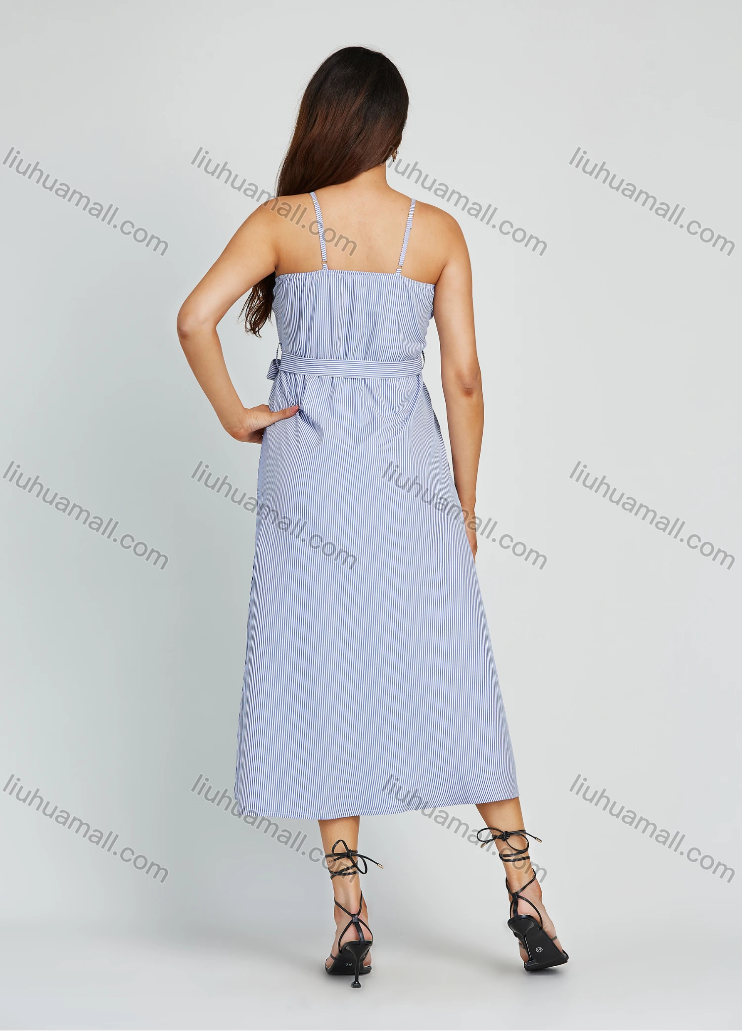 Wholesale Women's Casual Striped Print Button V Neck Cami Maxi Dress With Belt - Liuhuamall