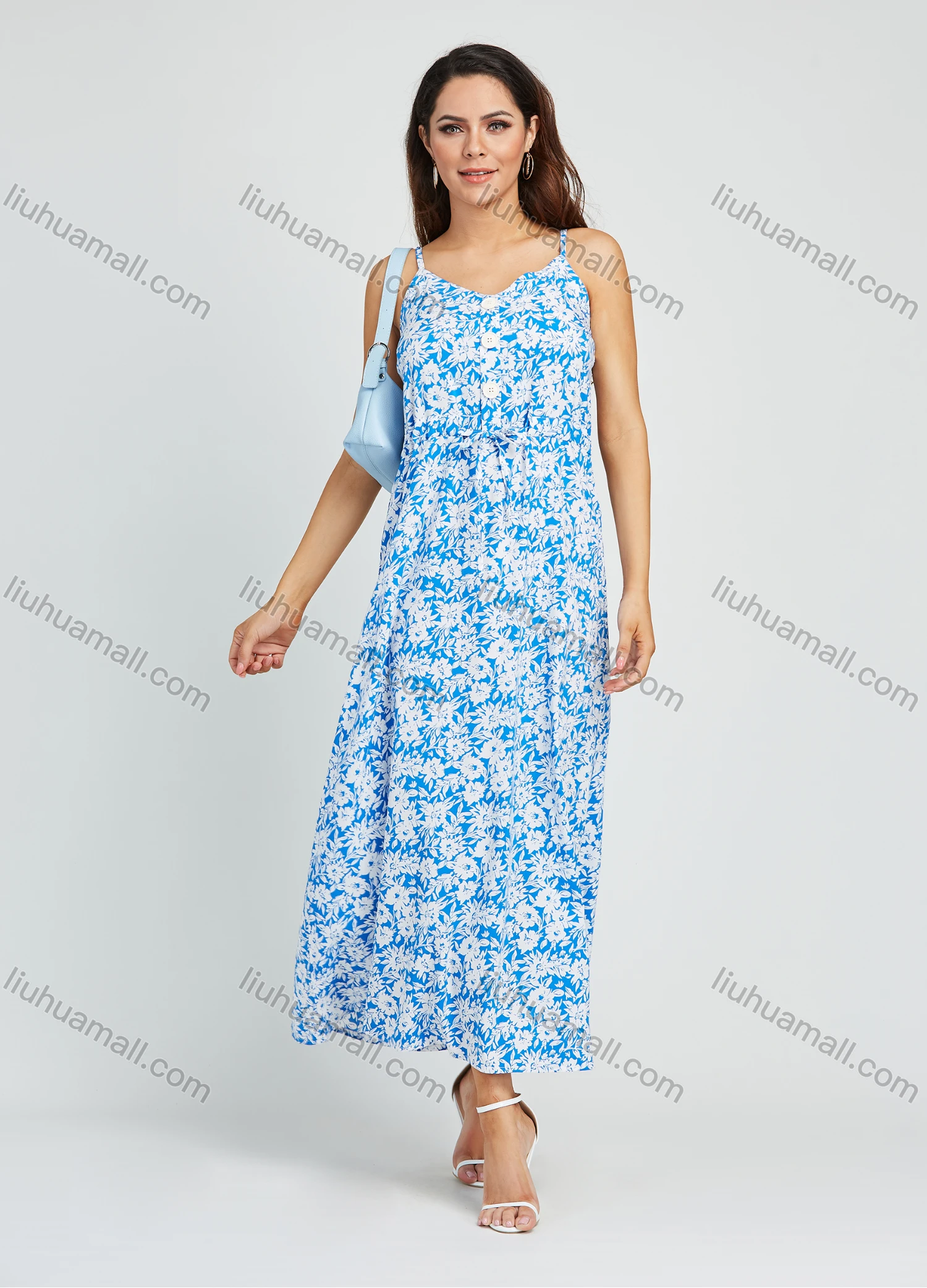 Wholesale Women's Casual Allover Floral Print Button V Neck Cami Maxi Dress With Drawstring - Liuhuamall