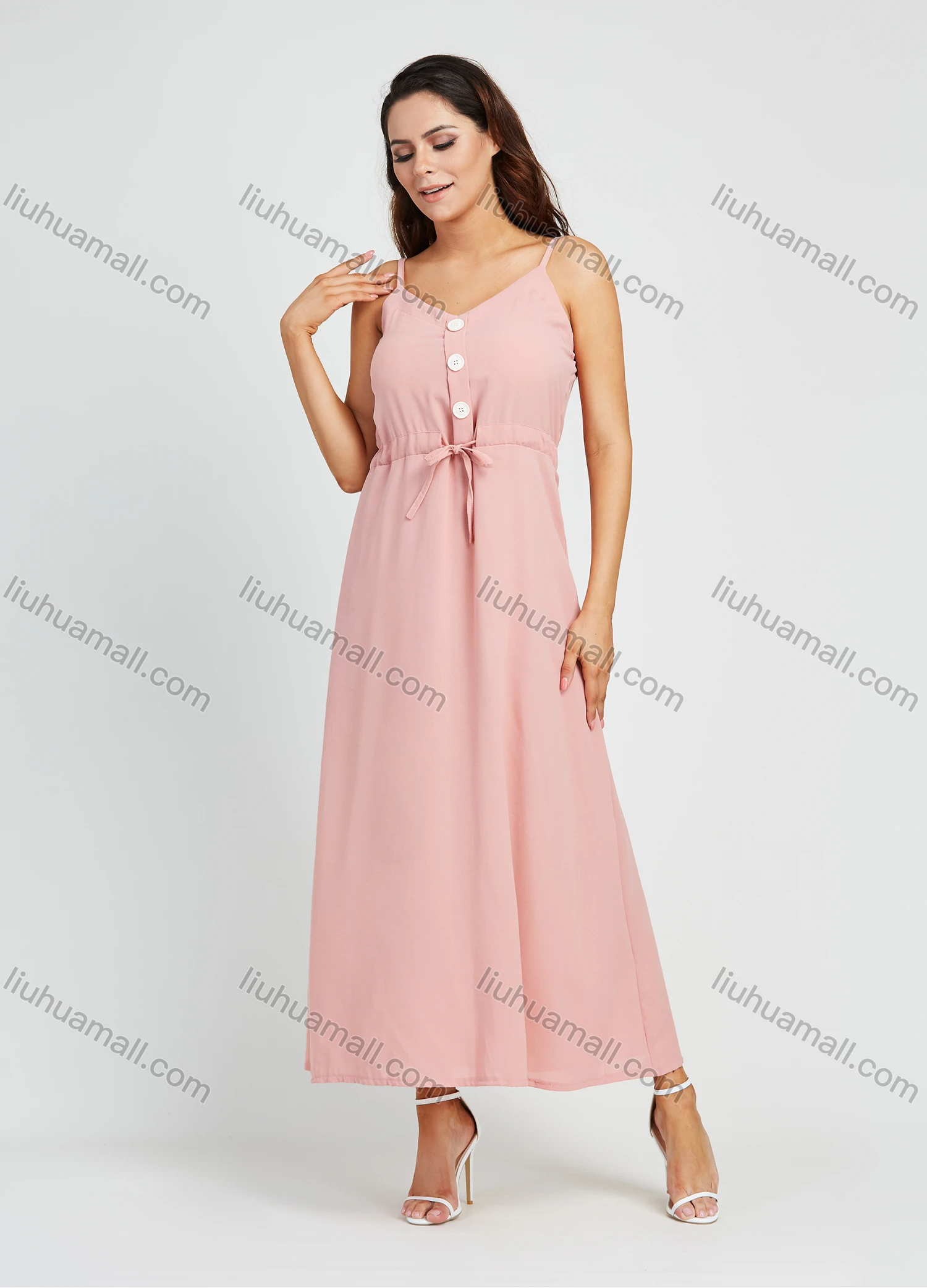 Wholesale Women's Casual Spaghetti Strap Plain Button V Neck Cami Maxi Dress With Drawstring - Liuhuamall