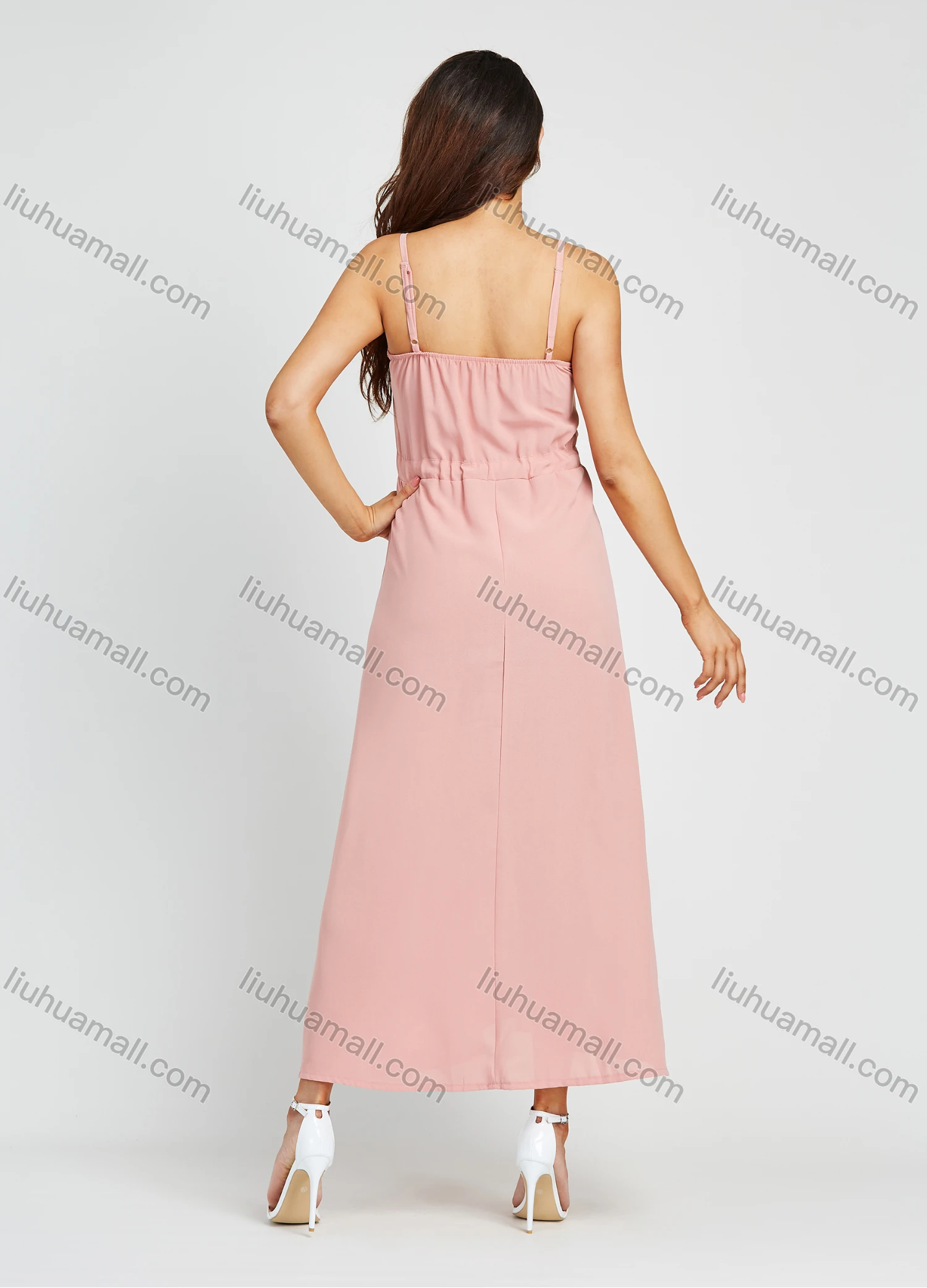 Wholesale Women's Casual Spaghetti Strap Plain Button V Neck Cami Maxi Dress With Drawstring - Liuhuamall