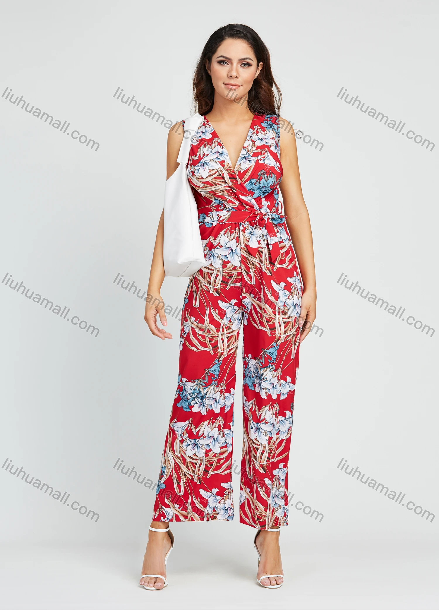 Wholesale Women's Casual Floral Print V Neck Sleeveless Wide Leg Wrap Jumpsuit With Belt - Liuhuamall