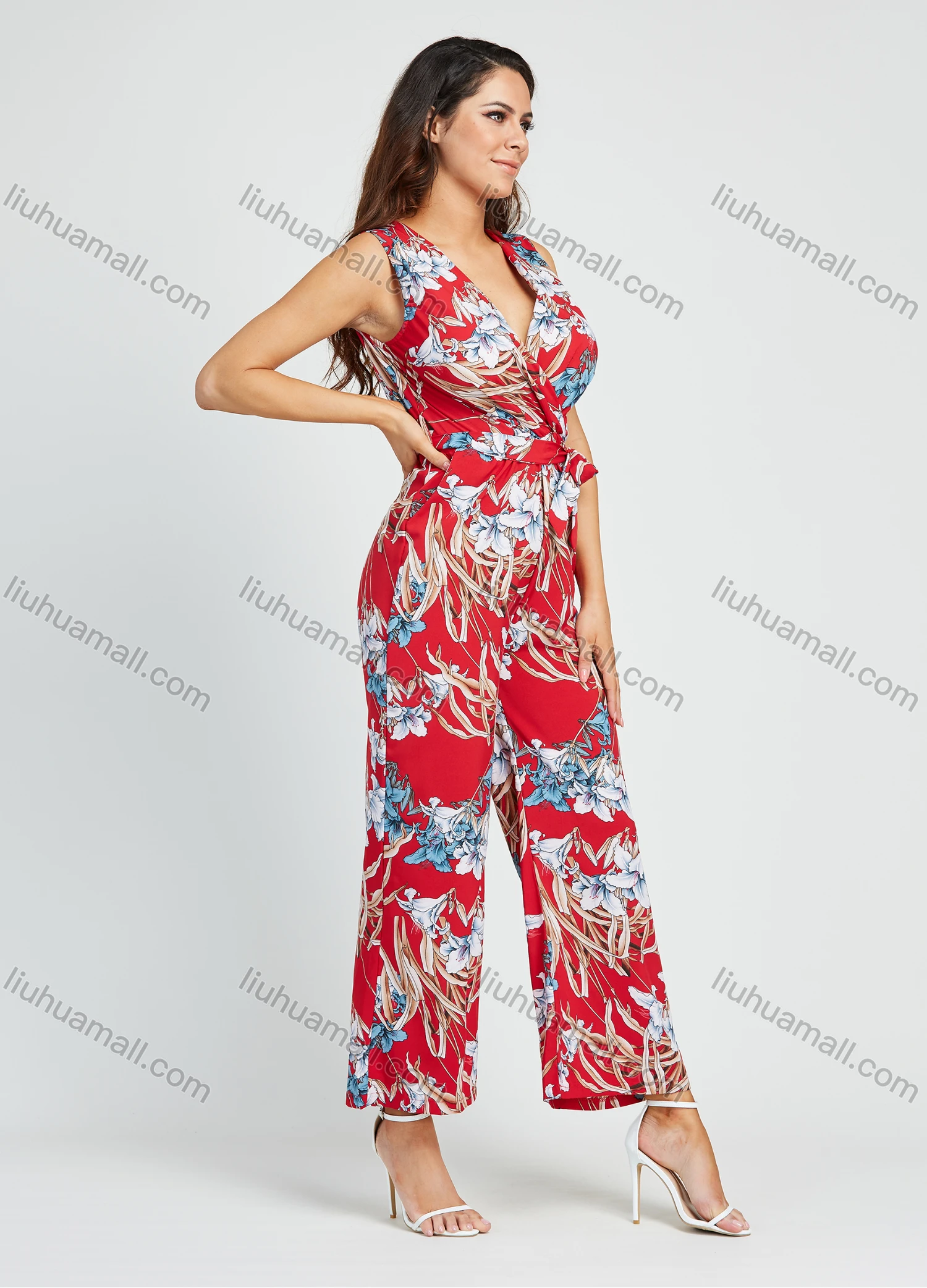 Wholesale Women's Casual Floral Print V Neck Sleeveless Wide Leg Wrap Jumpsuit With Belt - Liuhuamall