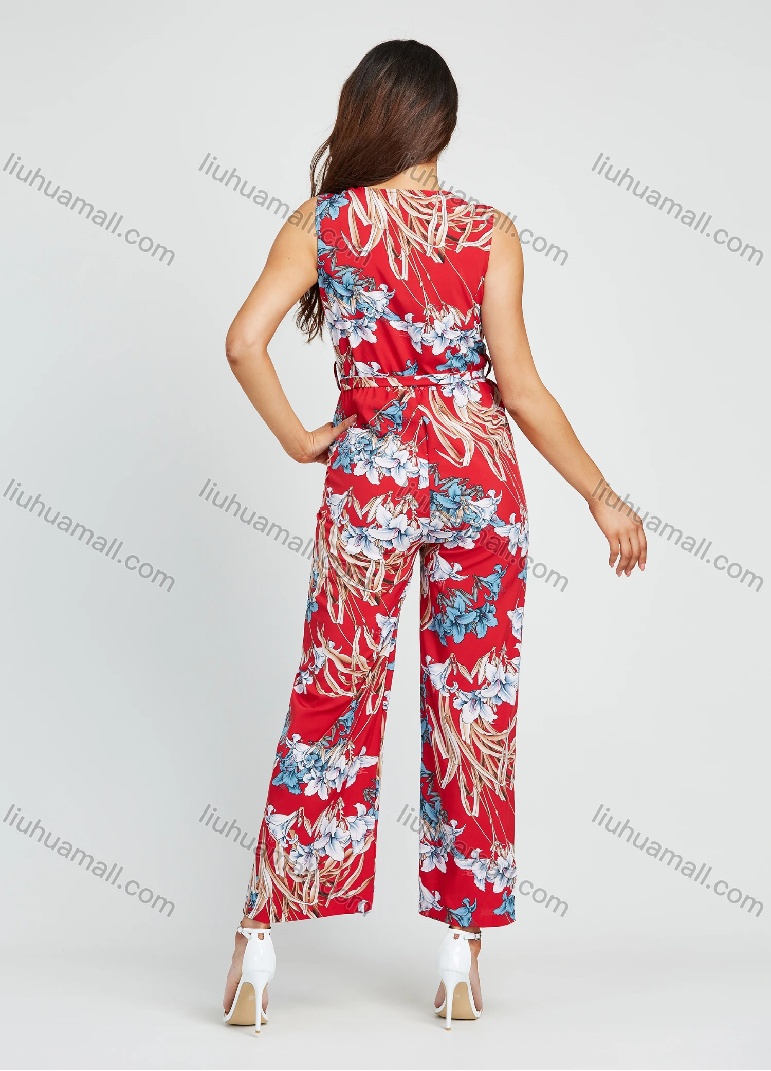Wholesale Women's Casual Floral Print V Neck Sleeveless Wide Leg Wrap Jumpsuit With Belt - Liuhuamall