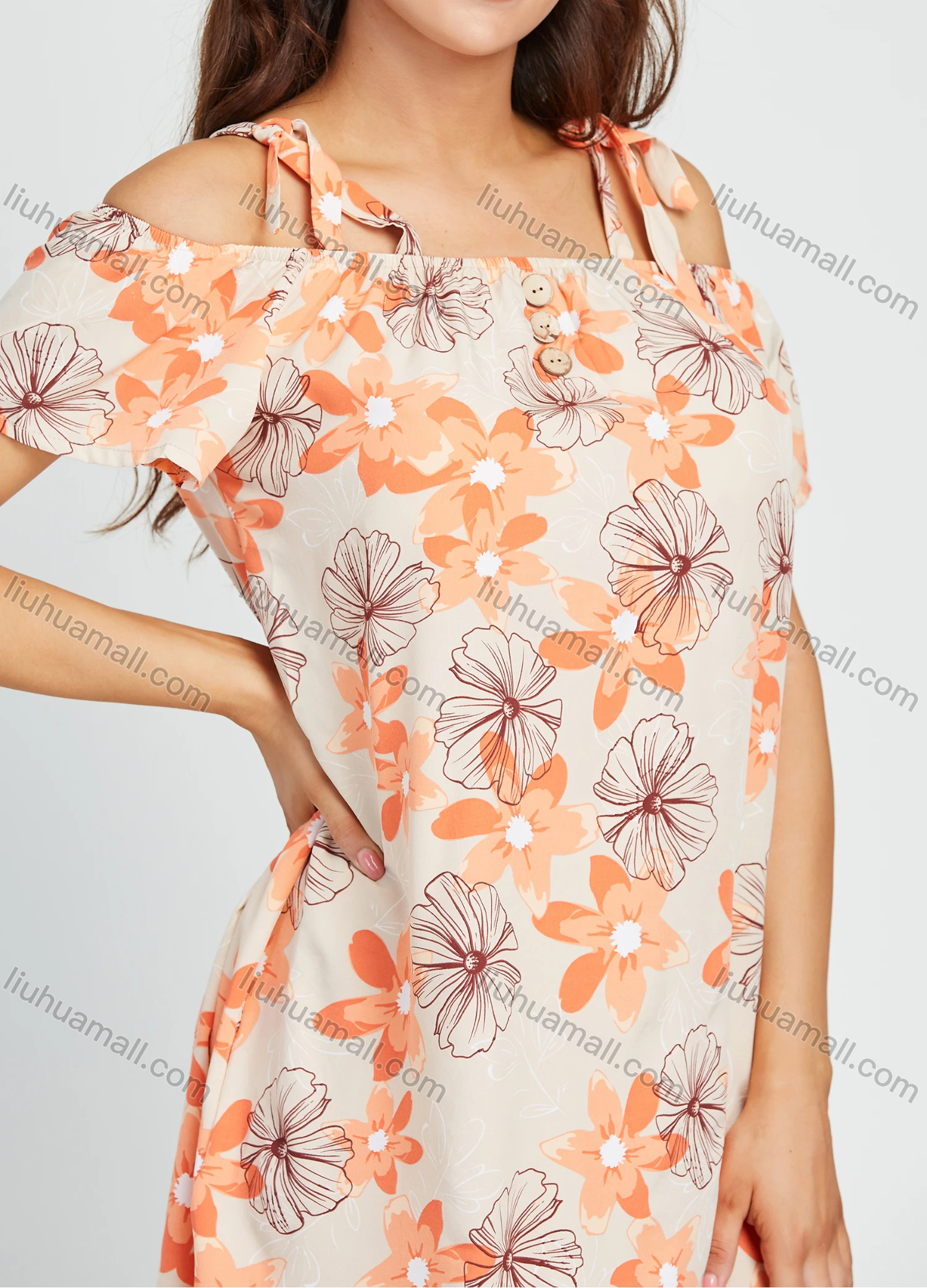 Wholesale Women's Casual Floral Print Cold Shoulder Short Dress - Liuhuamall