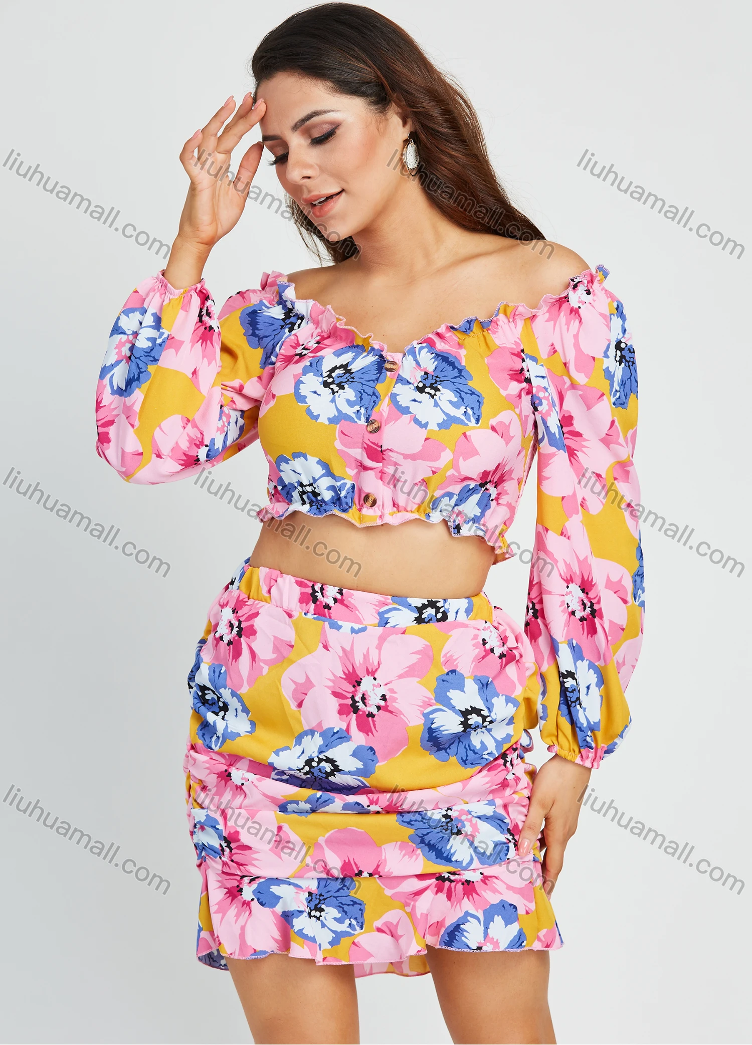 Wholesale Women's Vacation Floral Print Off Shoulder Ruffle Trim Crop Top & Skirt 2 Piece Set - Liuhuamall