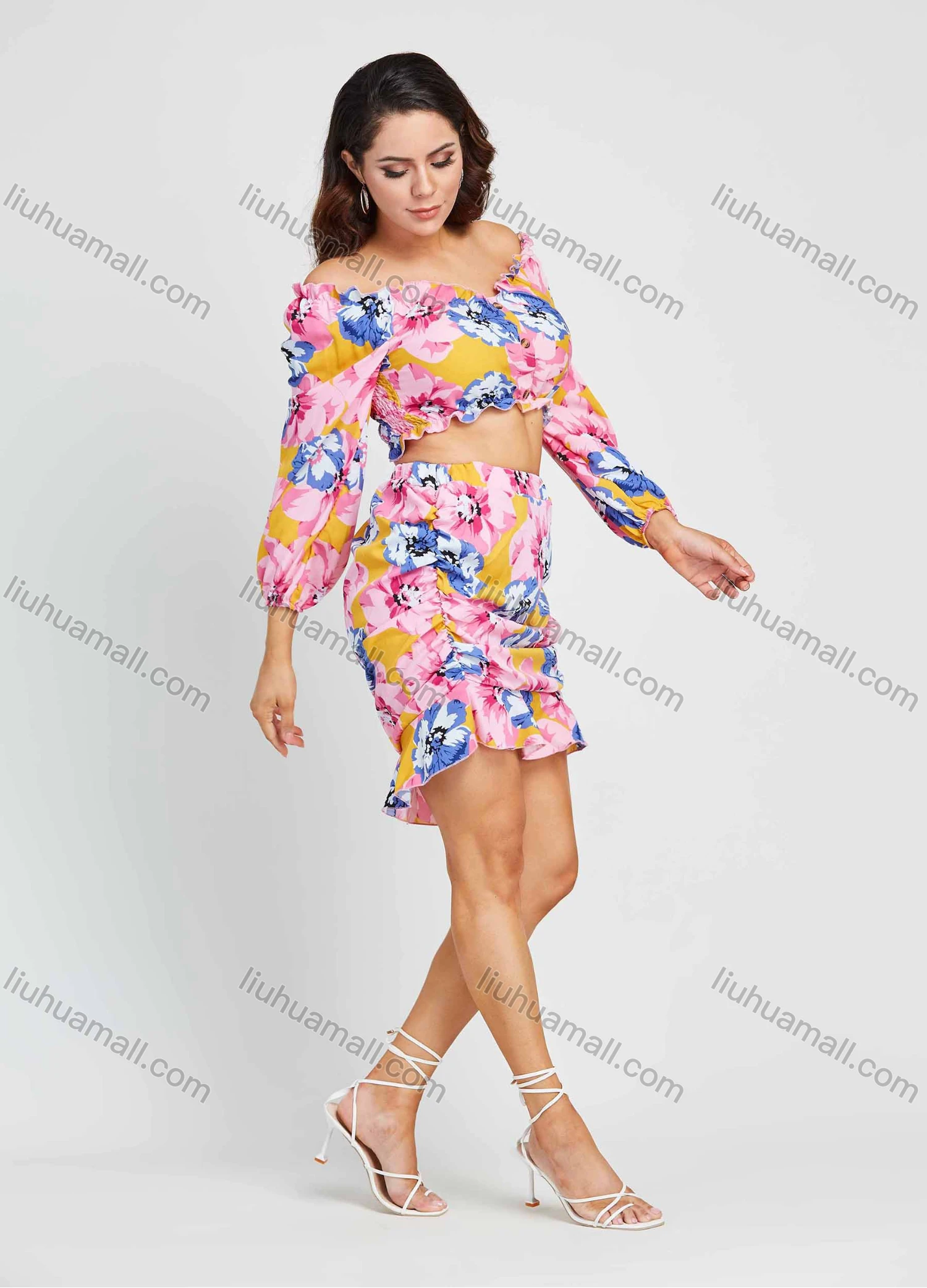 Wholesale Women's Vacation Floral Print Off Shoulder Ruffle Trim Crop Top & Skirt 2 Piece Set - Liuhuamall