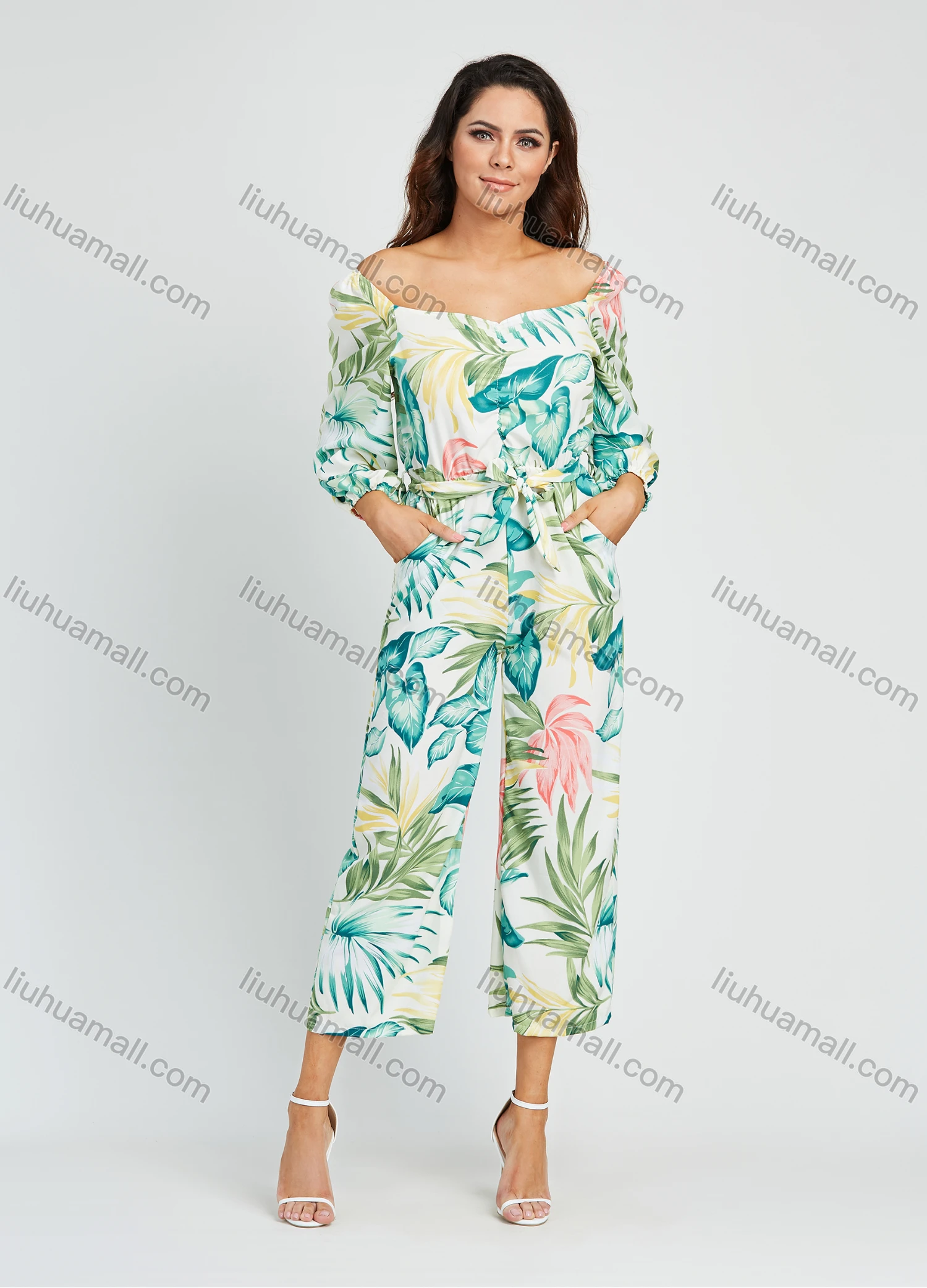 Wholesale Women's Vacation Tropical Plants Print Off Shoulder Long Sleeve Cropped Wide Leg Jumpsuit WIth Belt - Liuhuamall