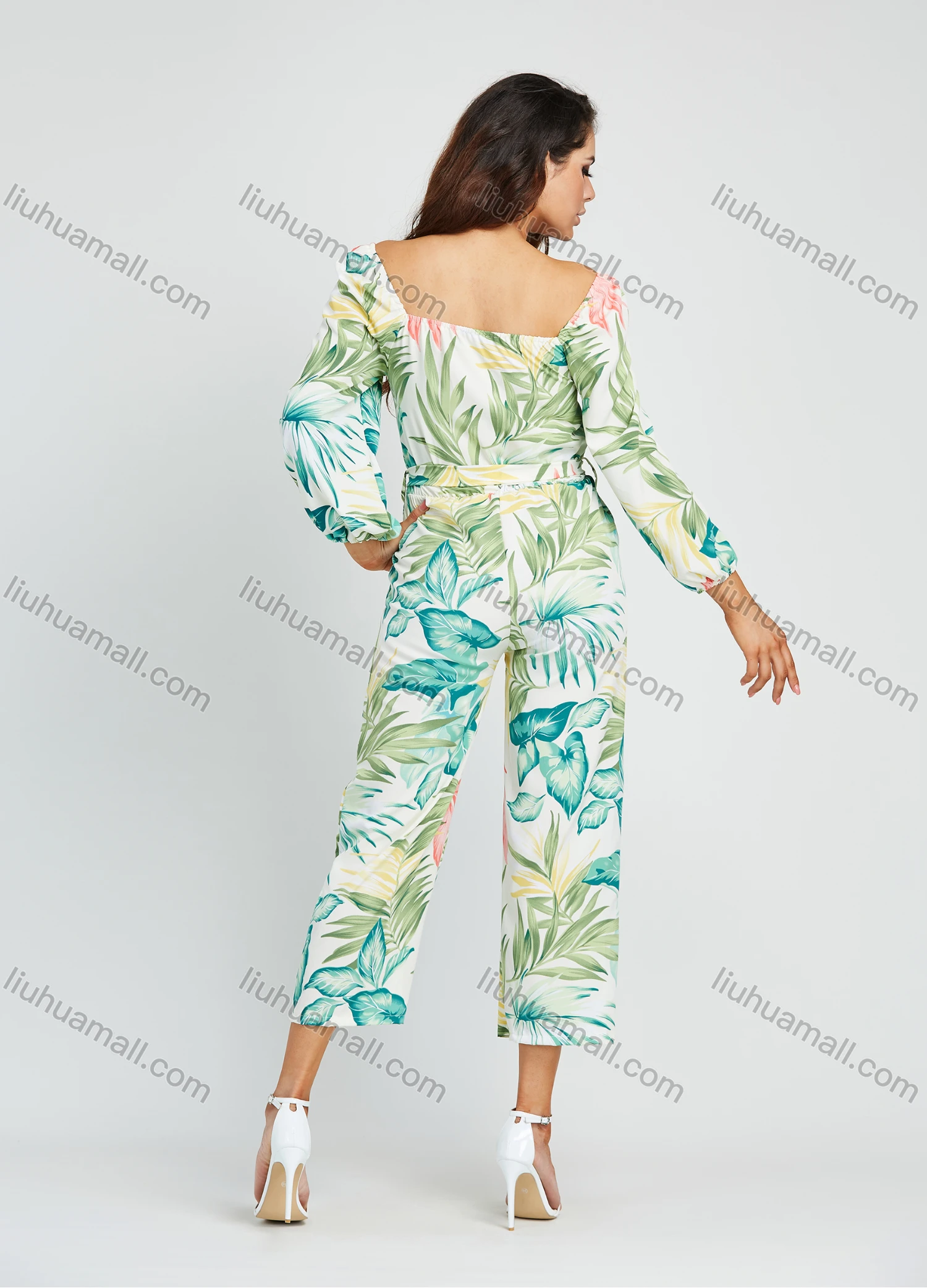 Wholesale Women's Vacation Tropical Plants Print Off Shoulder Long Sleeve Cropped Wide Leg Jumpsuit WIth Belt - Liuhuamall