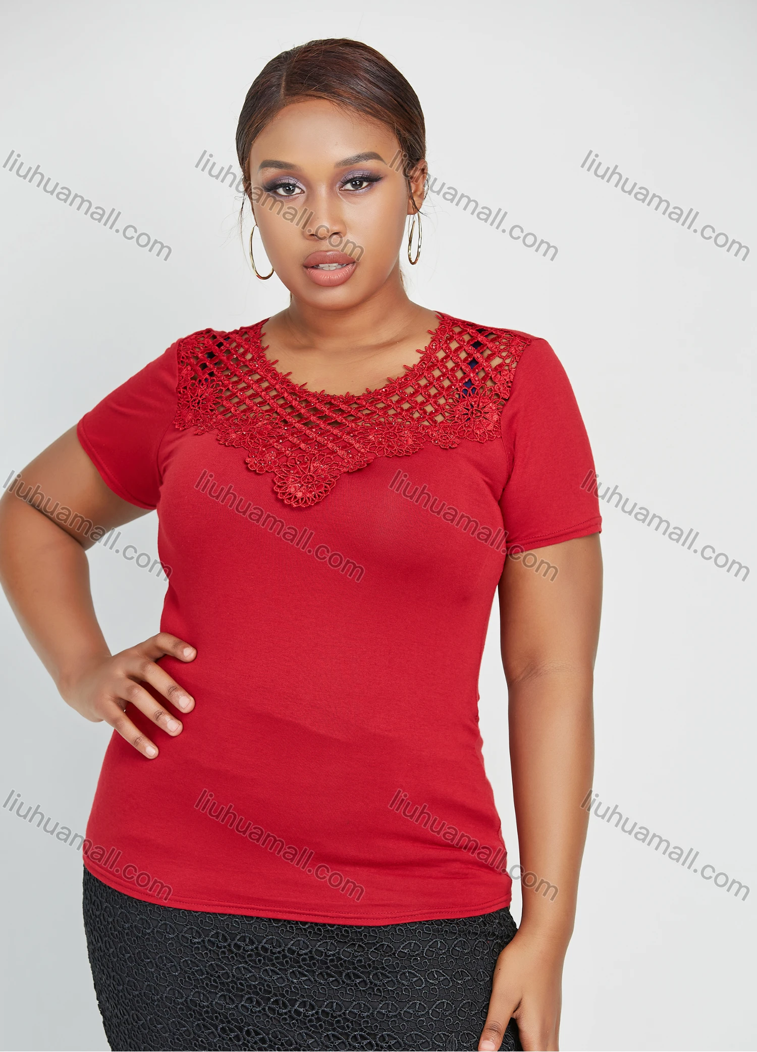 Wholesale Women's Elegant V Neck Plain Embroidery Half Sleeve Round Neck Blouse - Liuhuamall